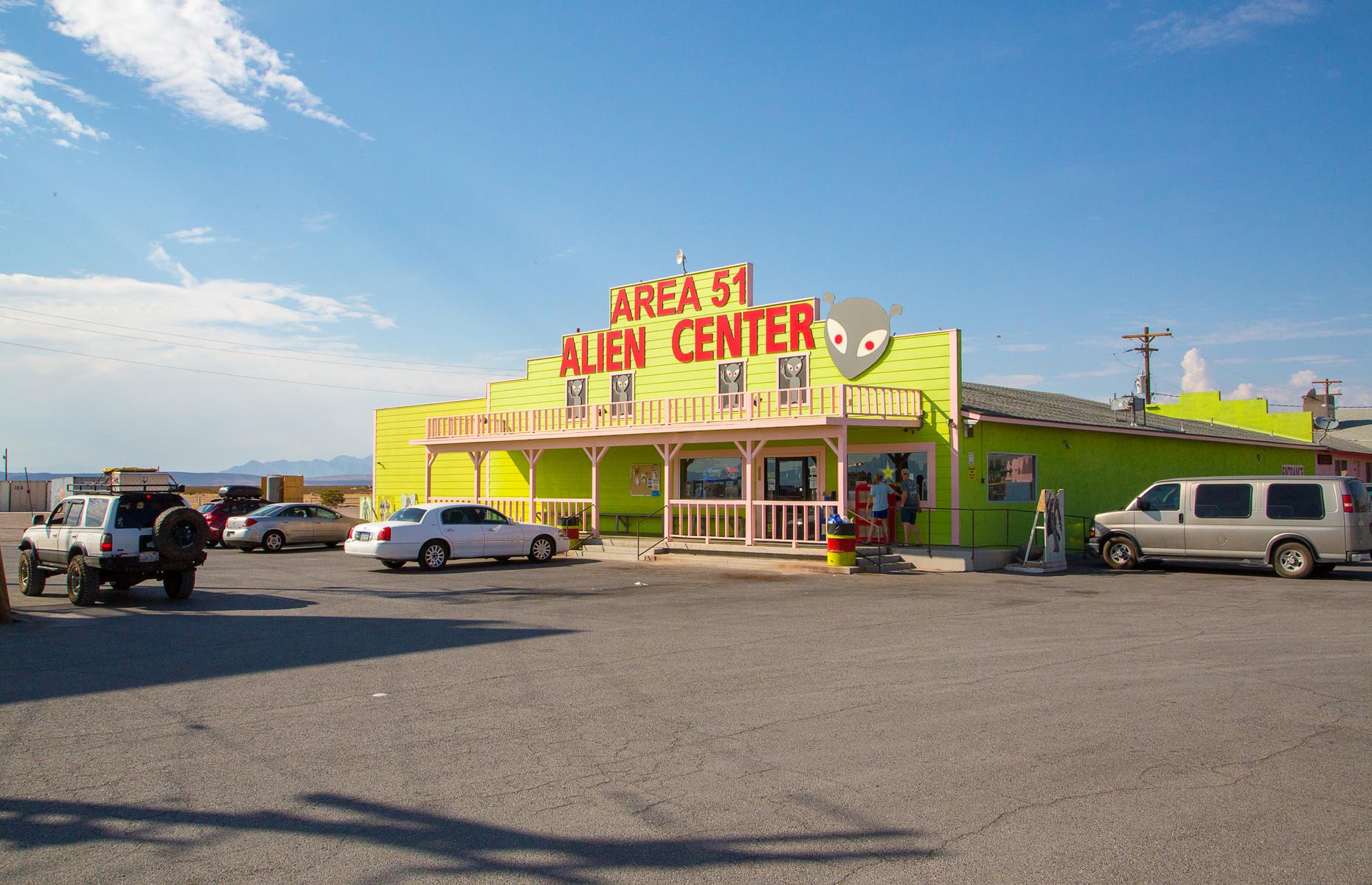 <p>Between Death Valley National Park and Las Vegas, Area 51 Alien Center is an out-of-this-world pit stop in the desert. A cracking photo opportunity, it’s a lime green alien-themed gift shop with a small but unexpectedly good diner attached. Stop in for an Alien Burger (with cheese and sautéed mushrooms) and <a href="https://www.yelp.com/biz/area-51-alien-travel-center-amargosa-valley?sort_by=date_desc">skeleton-shaped vodka bottles.</a></p>