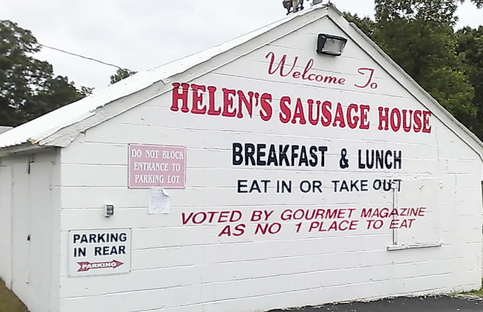<p>Located on Dupont Highway heading towards Smyrna, Helen’s Sausage House may not look like much from the outside. However, the modest diner is an Elvis Presley shrine on the inside and attracts hordes from near and far, hoping to try its signature sausage sandwich. It features two juicy, well-seasoned sausages and scrambled eggs in a soft roll and customers <a href="https://www.yelp.com/biz/helens-sausage-house-smyrna?sort_by=date_desc">absolutely rave</a> about it.</p>