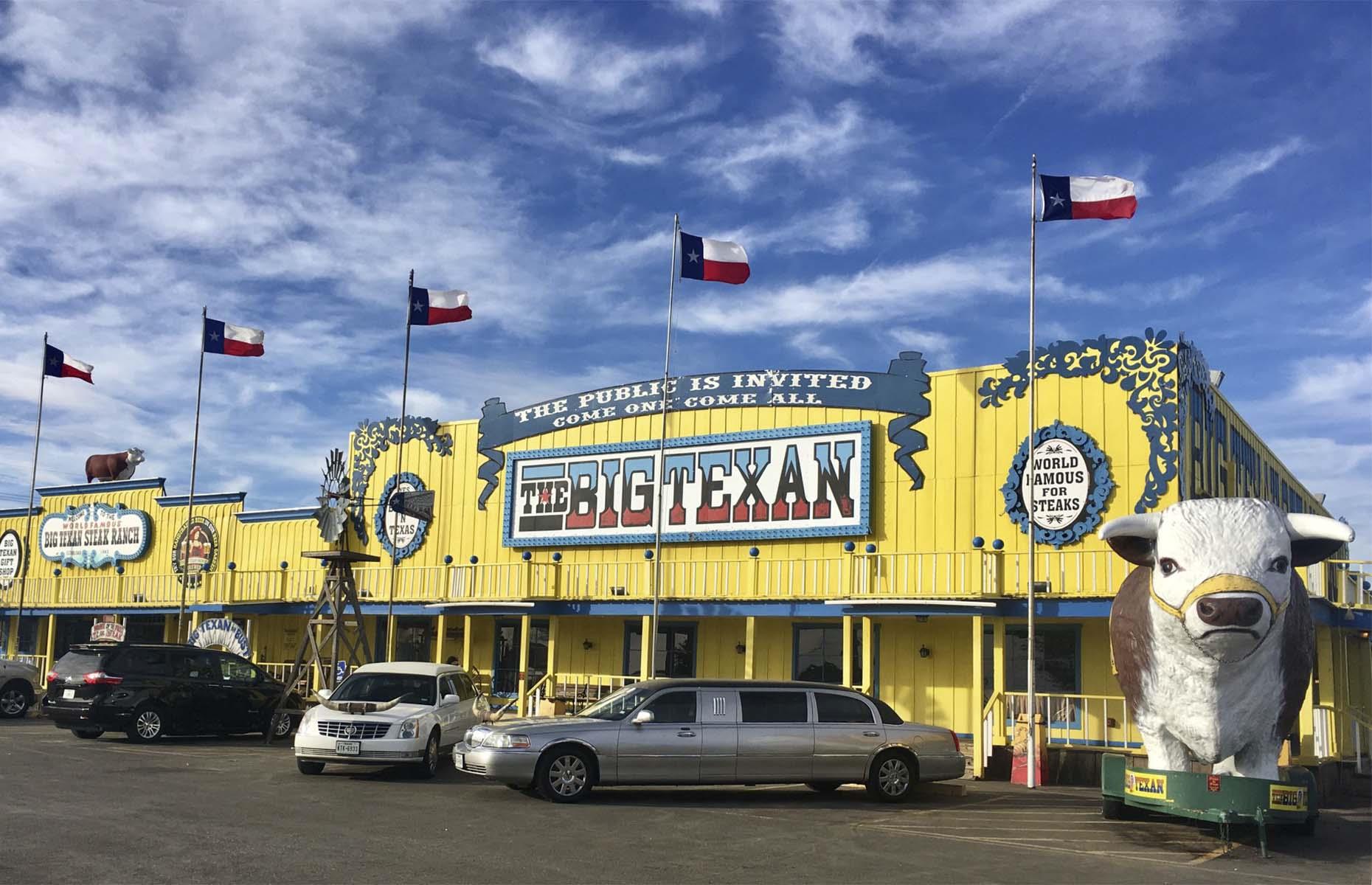 <p>There’s no way you can miss this loud 'n' proud diner on I-40 in Amarillo. It's painted bright yellow and there are massive billboards and statues alerting passers-by to its location. It’s famous for its 72oz (2kg) steak, <a href="https://www.bigtexan.com/72-oz-steak/">which is free</a> to anyone who can eat the entire meal in 60 minutes or less. Customers also love the <a href="https://www.yelp.com/biz/the-big-texan-steak-ranch-amarillo?sort_by=date_desc">free limo service</a> to nearby hotels and motels, it’s great if you fancy a drink with your meal.</p>