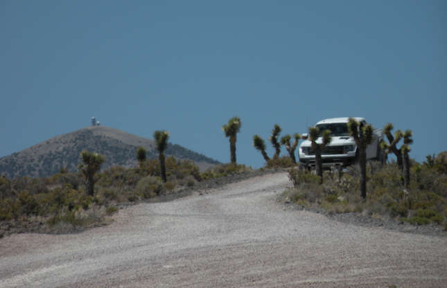 Slide 19 of 21: Don't even try approaching the Area 51 perimeter. You risk getting bullied by “camo dudes,” private security agents who patrol the area's boundaries. Armed and dressed in camouflage, they can often be seen driving unmarked pick-up trucks.