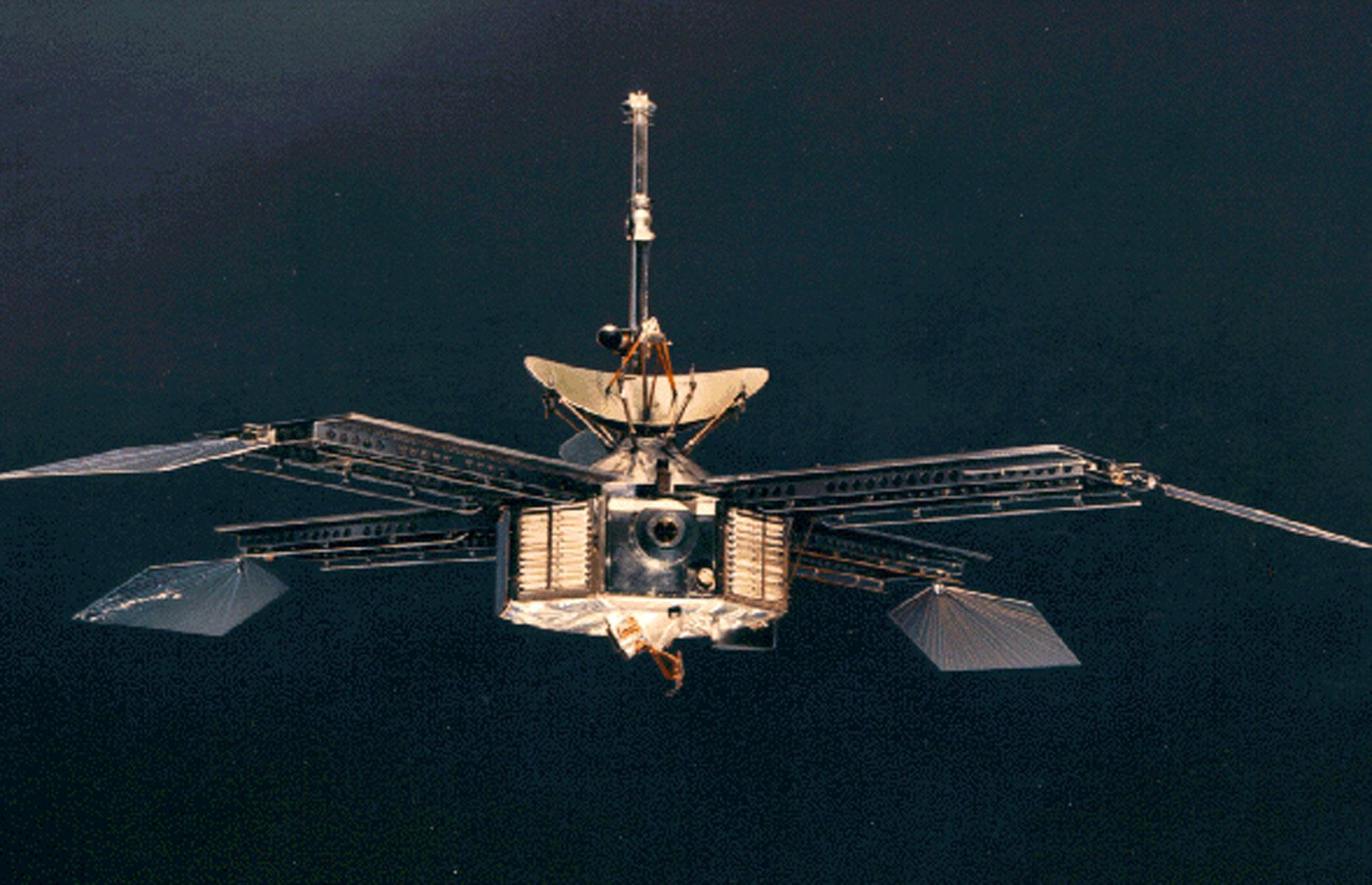 Dismaying the Soviets, America's Mariner 4 performed the first flyby of Mars in July 1965 and beamed back the first detailed images of the Red Planet's surface. The craft is in perpetual heliocentric orbit somewhere between Mars and Jupiter.