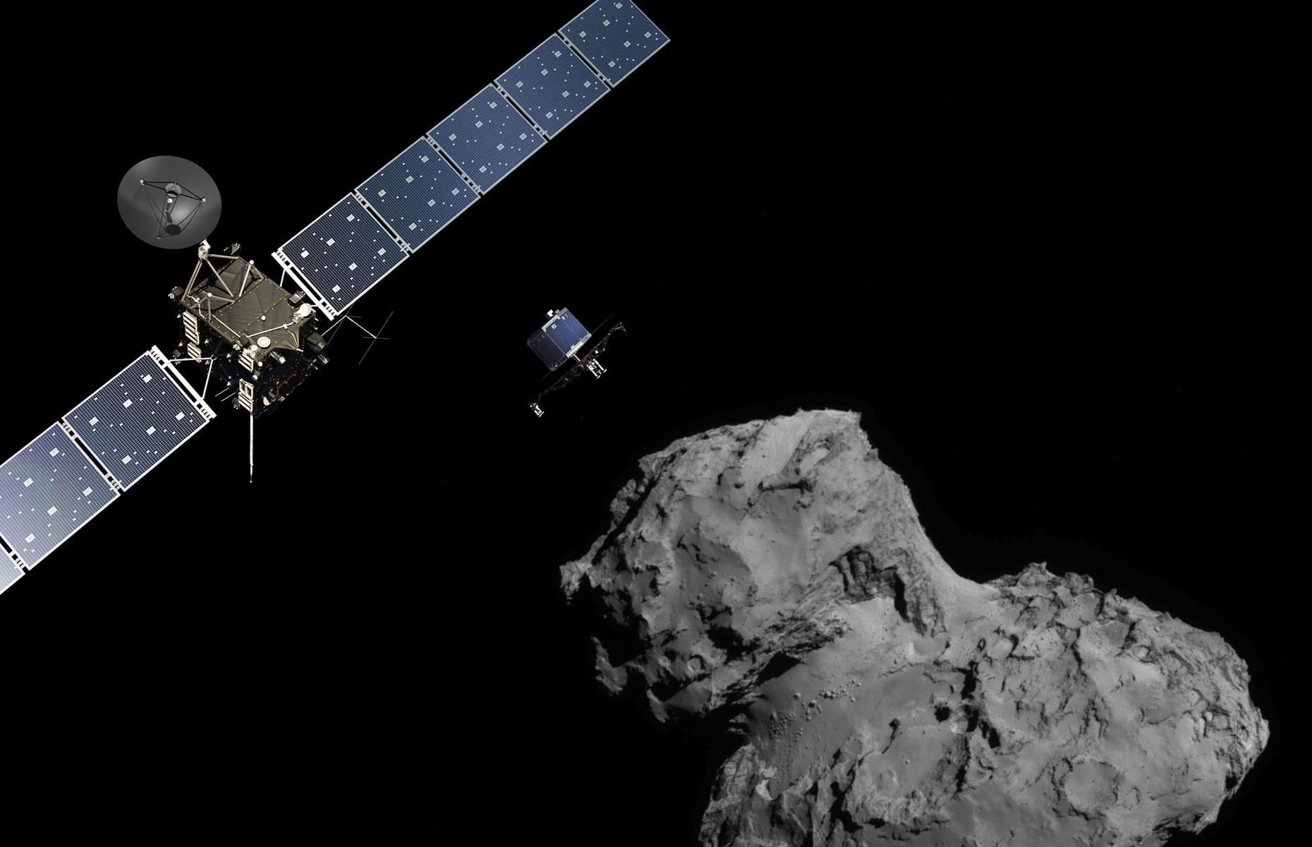 <p>The European Space Agency's Rosetta probe carried out a detailed analysis of Comet 67P/Churyumov-Gerasimenko and ended its mission in spectacular fashion on 30 September 2016 by crash-landing in the comet's Ma'at region.</p>