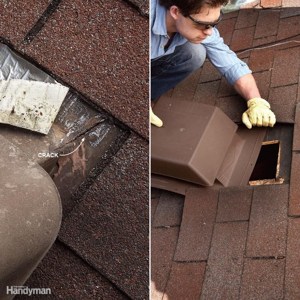 <p>Check for cracked housings on plastic roof vents and broken seams on metal ones. You might be tempted to throw caulk at the problem, but that solution won't last long; you must <a title="Roof Flashing: Replace Plumbing Vent Flashing" href="https://www.familyhandyman.com/roof/repair/roof-flashing-replace-plumbing-vent-flashing/">replace the damaged vents</a>.</p> <p>Also, look for pulled or missing nails along the base's bottom edge. Replace them with rubber-washered screws. In most cases, you can <a href="https://www.familyhandyman.com/project/easy-shingle-repair/">remove nails under the shingles</a> on both sides of the vent to pull it free. You should find nails across the top of the vent, too. Usually you can also work those loose without removing shingles. Screw the bottom in place with rubber-washered screws. Squeeze out a bead of caulk beneath the shingles on both sides of the vent to hold the shingles down and to add a water barrier — a much easier  task than renailing the shingles.</p>