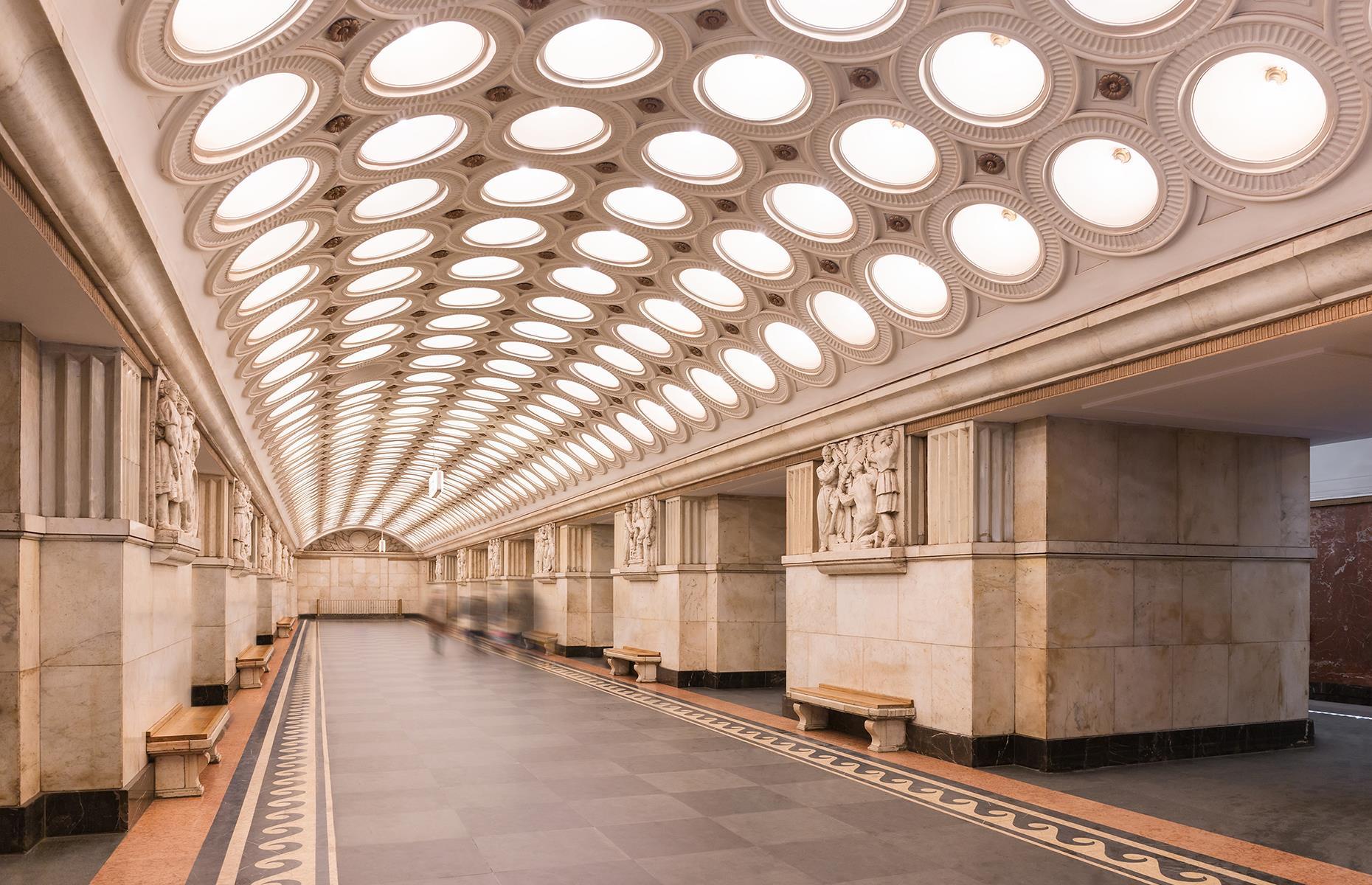 Built as part of the third expansion of Moscow metro, Elektrozavodskaya was constructed during the Second World War. Named after the electric light bulb factory nearby, the station features a slightly unnerving ceiling that looks like a mixture between the eyes of a fly and the lights above a surgeon's table.