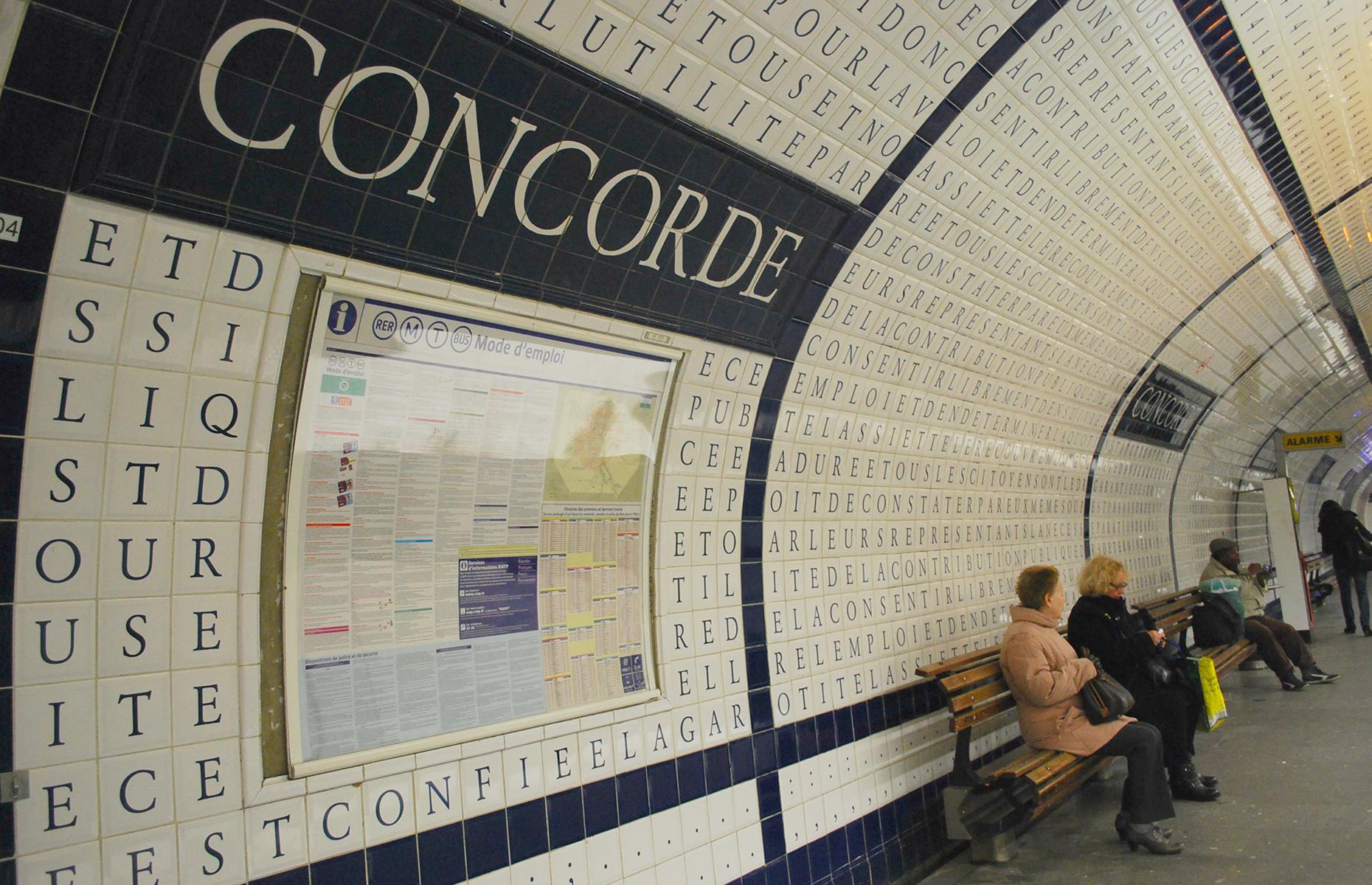 What might seem like a random jumble of letters is actually The Declaration of the Rights of Man and of the Citizen adorning the walls of Paris's Concorde station. Written during the French Revolution, the document is spelled out with blue letters on white tiles.
