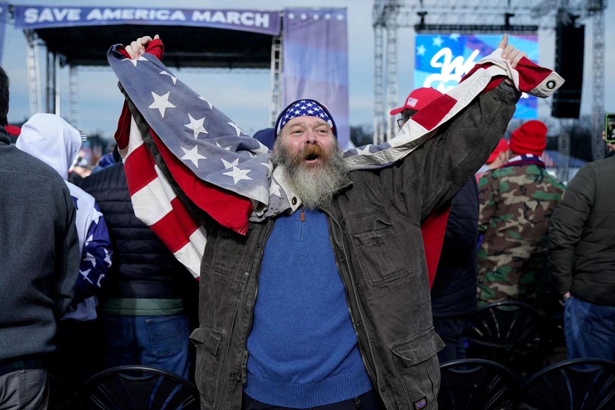 Slide 68 of 76: Joseph Baker of Cape May, N.J., cheers as he waits for speakers Jan. 6, 2021, in Washington, at a rally in support of President Donald Trump called the "Save America Rally."