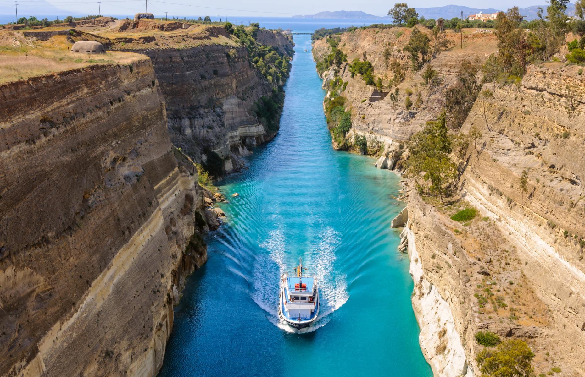 Slicing across the Isthmus of Corinth, this tiny Greek waterway links the Gulf of Corinth in the northwest with the Saronic Gulf in the southeast. Completed in 1893, the canal was built as a shortcut, saving ships around 185 nautical miles (340km) in sailing time. At roughly 3.9 miles (6.3km) with a width reaching up to 82 feet (25m), it is one of the smallest waterways in the world. Fringed by steep cliffs, its impressive narrow design has made it a popular tourist destination.