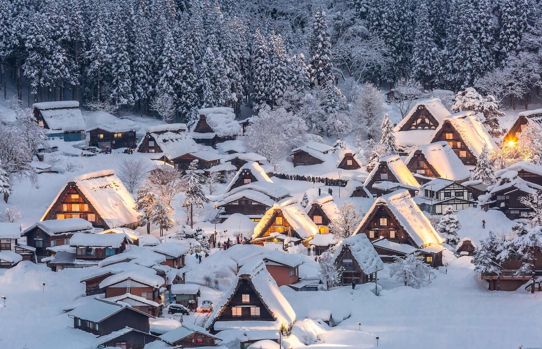 Could this little alpine village be any cuter? Located in the heart of the Shogawa Valley, tucked between remote mountains, Shirakawa-gō’s characteristic steep-roofed houses are as practical as they are pretty. Built in Gassho-zukuri style (which means "constructed like hands in prayer") their rooftops are designed to withstand heavy snowfall. Pictured in winter here, illuminated by glimmering lights, it looks like a miniature fantasy world.