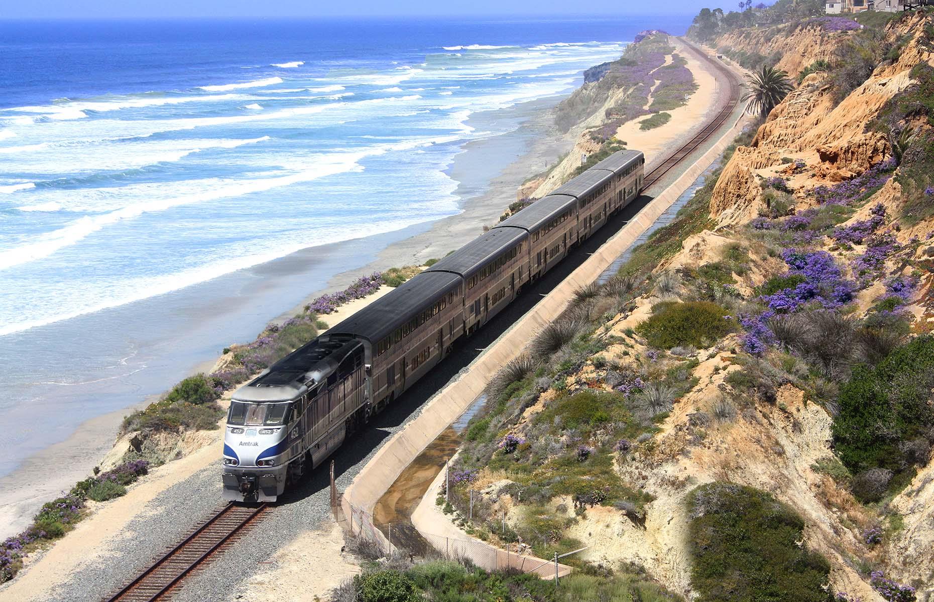 <p>The Pacific Surfliner skirts 350 miles (563km) along California’s Pacific Coast between San Diego and San Luis Obispo. Skimming the gleaming coastline and the Pacific Coast Highway, the Surfliner passes the narrow Simi Valley towards the Santa Susana Mountains and the Simi Hills. Leaving Los Angeles, the train then runs parallel with the Old Pacific Highway before re-joining the Californian waves and various coastal towns and nudging into San Diego.</p>