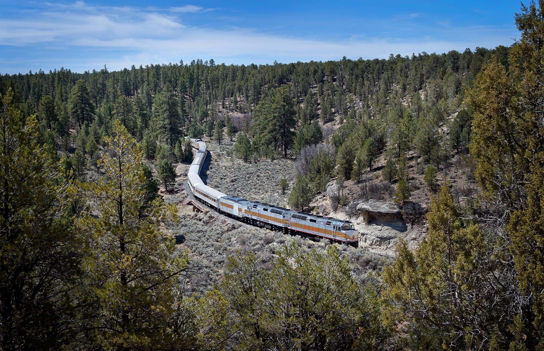 <p>The trip on the <a href="https://www.thetrain.com/">Grand Canyon Railway</a> begins in Williams, a small town 30 miles (48km) west of Flagstaff. Meandering its way through ponderosa pine forests and open prairie, the train terminates in Grand Canyon Village on the South Rim of the Grand Canyon National Park, before heading back to Williams. The train departs at 9:30am daily.</p>