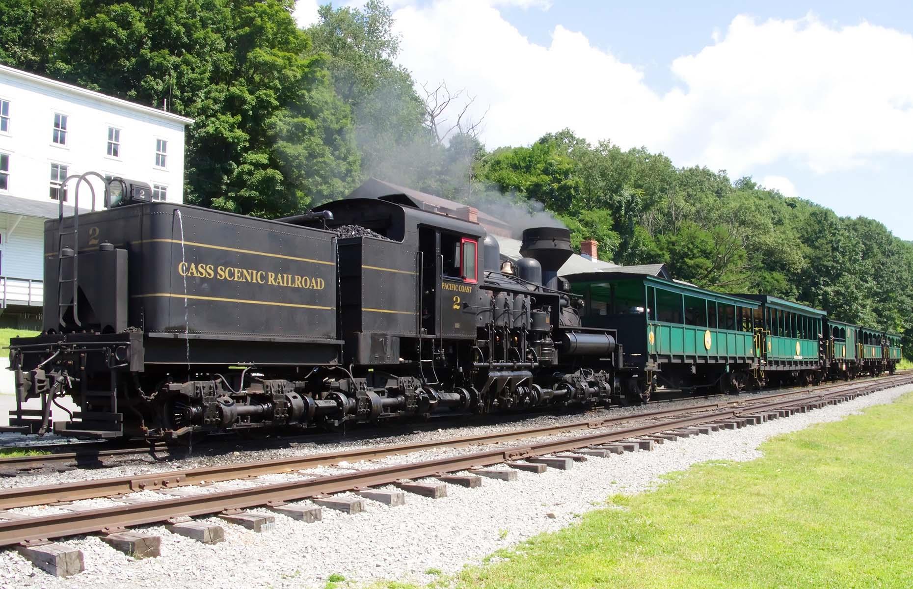 <p>The <a href="http://wvstateparks.com/park/cass-scenic-railroad-state-park/">Cass Scenic Railroad State Park</a> is a charming lumber heritage railroad in the mountains of West Virginia's Pocahontas County. The 11-mile (18km) each way route takes in gorgeous country views and the historic company town of Cass. Steam locomotives whisk passengers to the summit of Bald Knob, the highest point on Back Allegheny Mountain, on a 4.5-hour round trip. Passengers ride on open-sided log cars and a traditional "King of the Road hobo lunch" (meat and potatoes cooked in foil) is served on board after passing Old Spruce junction.</p>