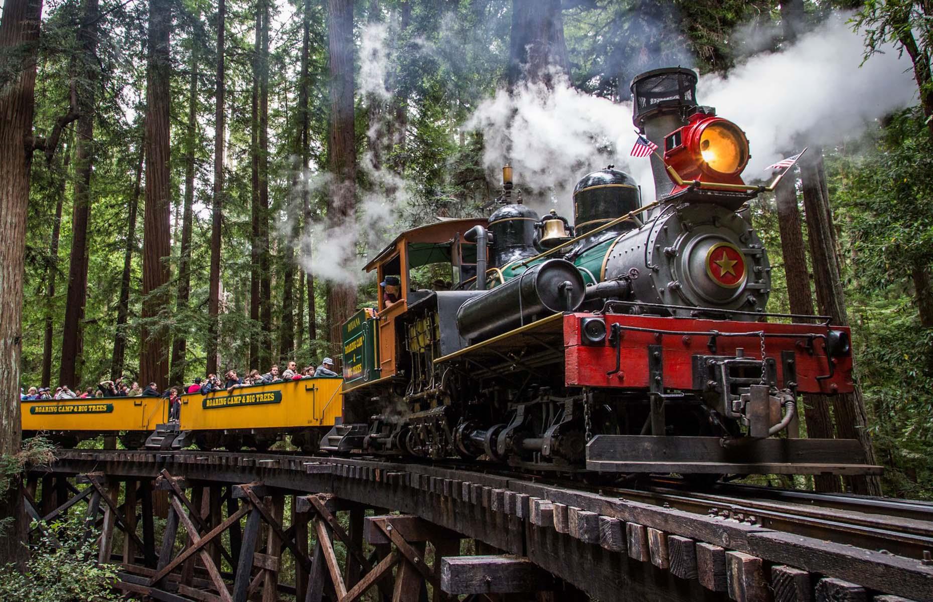 <p>California’s Roaring Camp Railroads offers two contrasting heritage services, both of which are great fun. The Redwood Forest Steam Train experience offers the chance to ride on a narrow-gauge steam train over trestle bridges and through towering redwoods. The train is pulled by one of the original 1890s narrow-gauge steam locomotives that were used to haul the giant redwood logs out of the mountains, and are among the oldest and most authentically preserved in America. (Image taken before the COVID-19 pandemic.)</p>