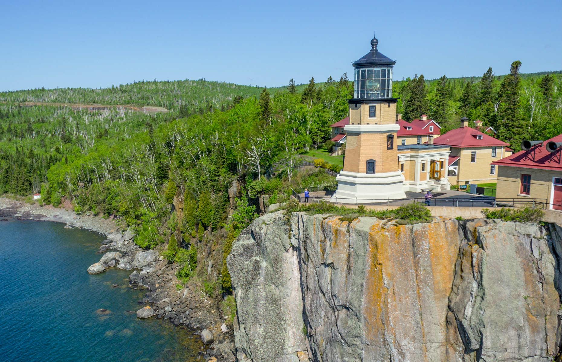 <p>One of America’s prettiest lighthouses, the red-brick Split Rock is located southwest of Silver Bay on the North Shore of Lake Superior. The 54-foot (16.5m) tower was first lit in 1910 and was built after many maritime tragedies on the lake, culminating in the perilous gale of November 1905, when 18 ships were sunk or badly damaged in two days. Situated on towering cliffs and surrounded by its own state park with trails, waterways and campgrounds, the lighthouse is nothing short of majestic. </p>