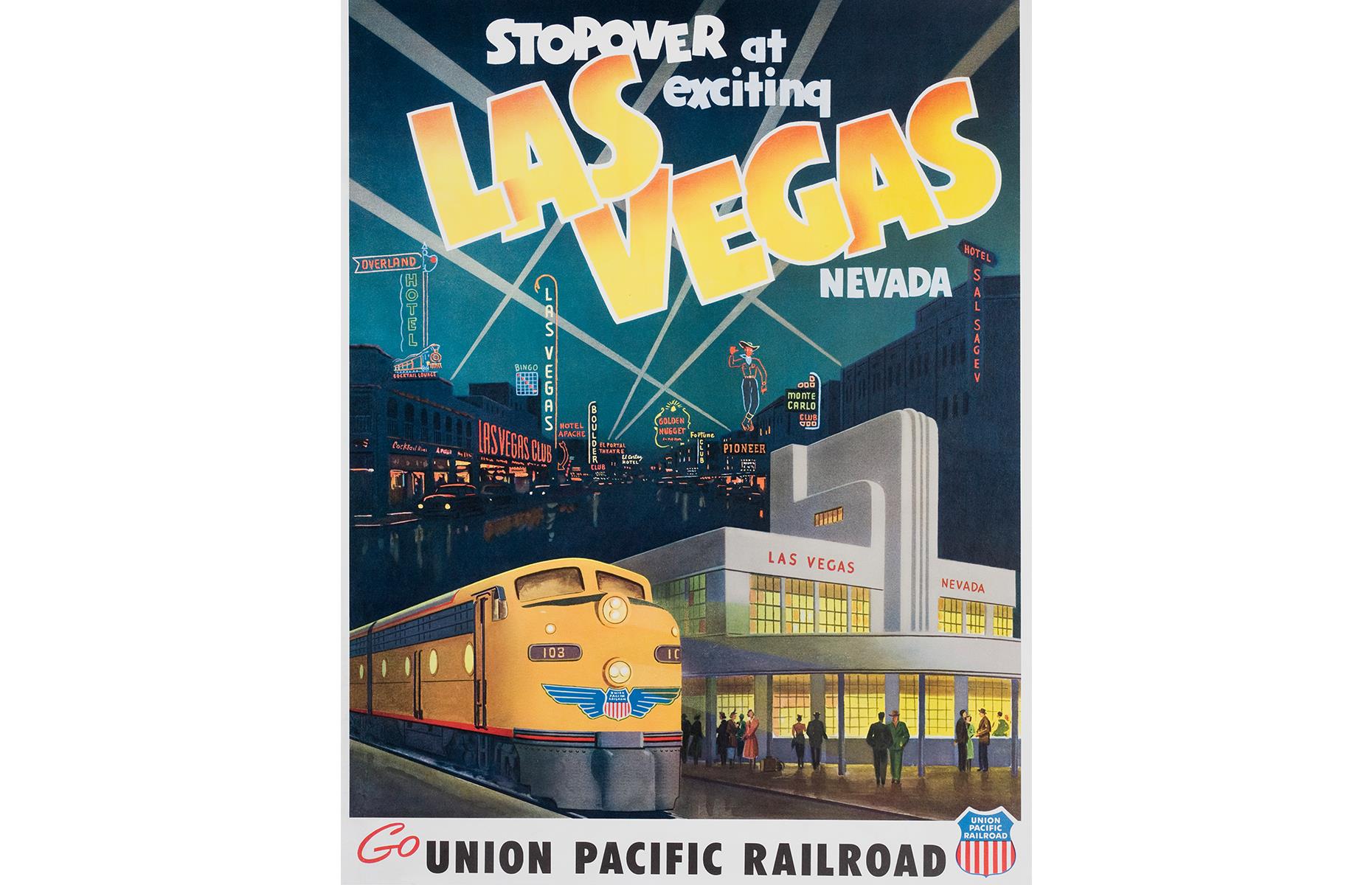 Sin City is another Union Pacific destination. In this railroad ad, Las Vegas calls with its glittering neon signs rising from lavish hotels and casinos. The smart yellow Union Pacific train is a sight in itself too.