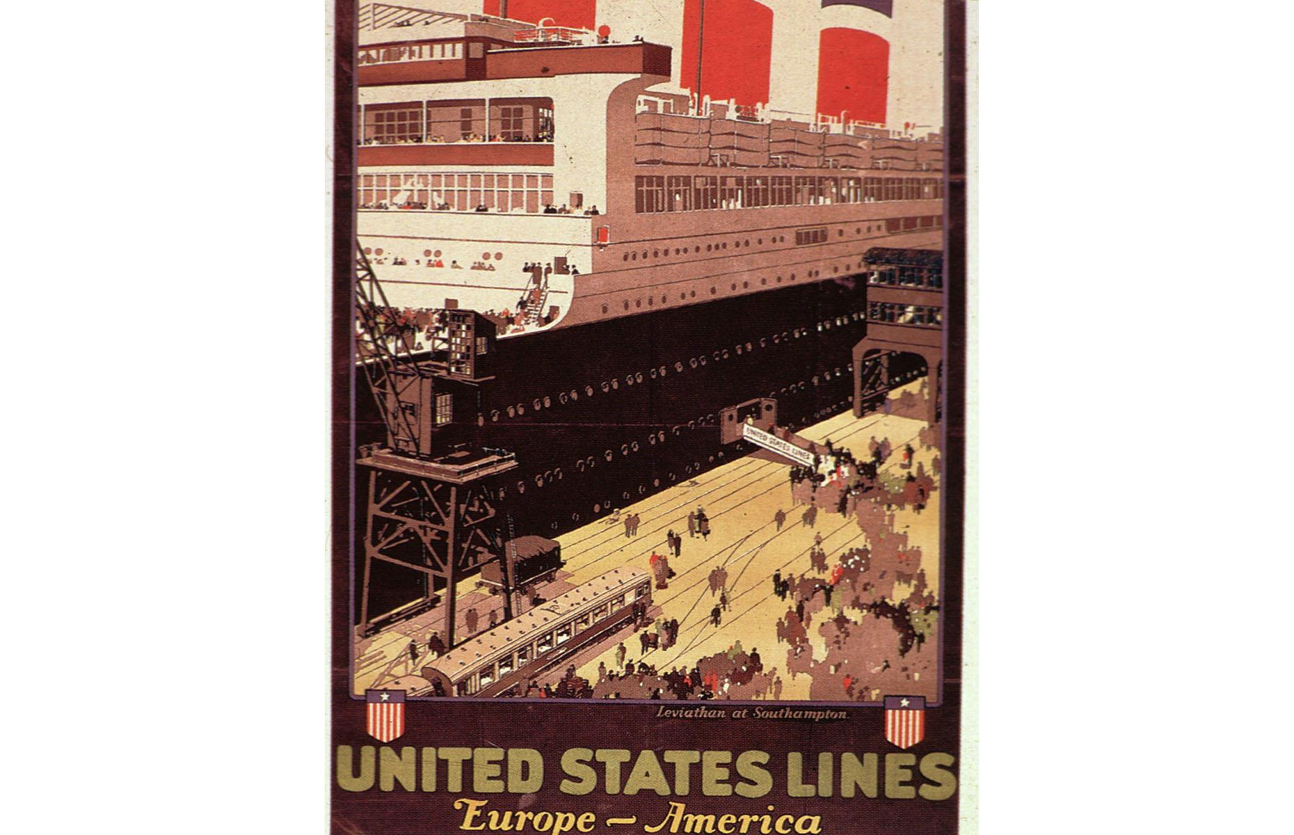 This advertising poster for United State Lines – a historic American shipping company – is straight to the point, showing off the grandeur of the SS Leviathan passenger vessel. Leviathan served as a troopship in the First World War, and she's pictured here as passengers board at Southampton.
