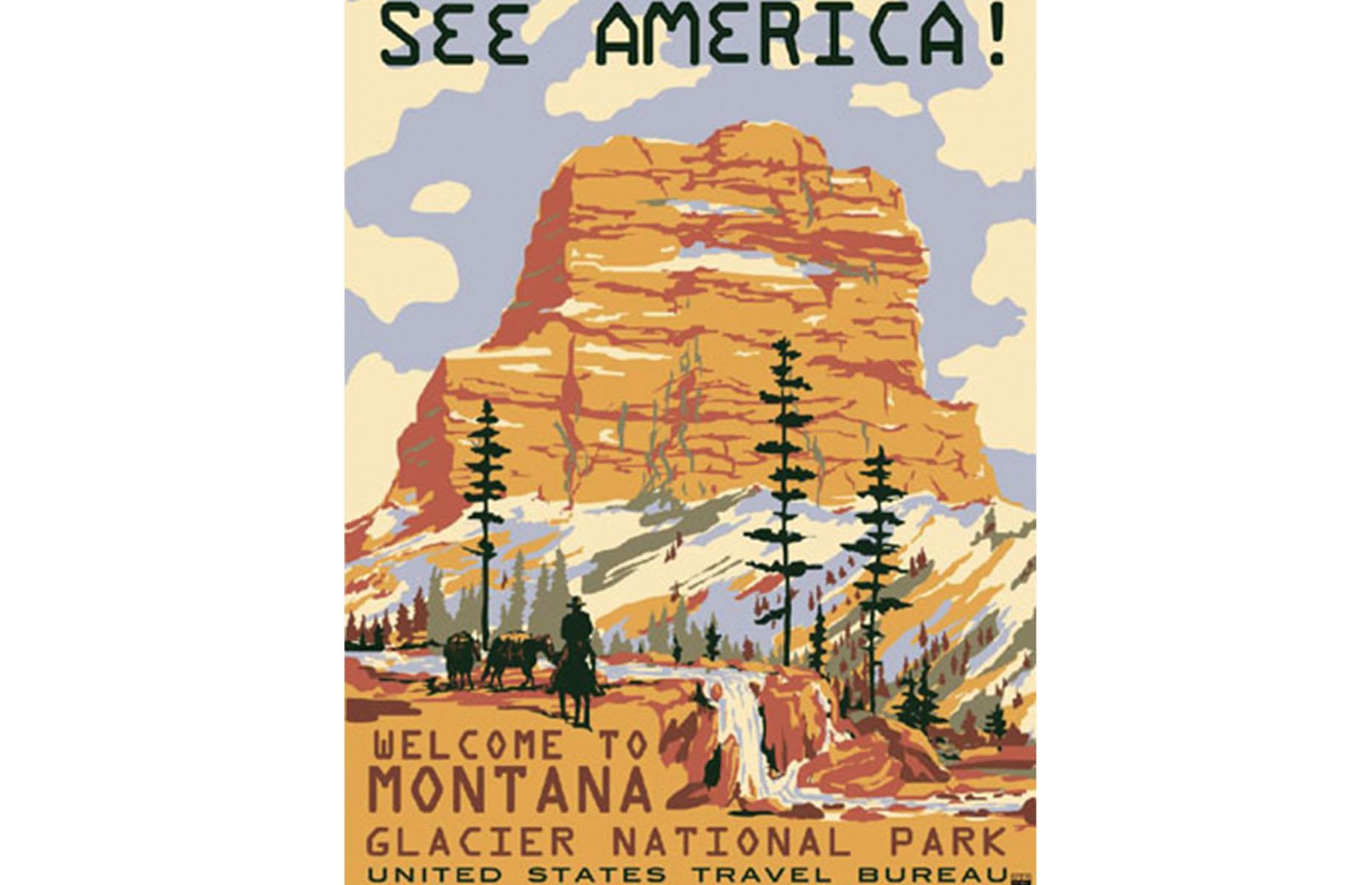 Established in the 1930s, the United States Travel Bureau was tasked with promoting tourism in America. One way it did this was by drawing up gorgeous travel adverts depicting America's backyard. Here Chief Mountain rises up majestically at the edge of Montana's Glacier National Park.