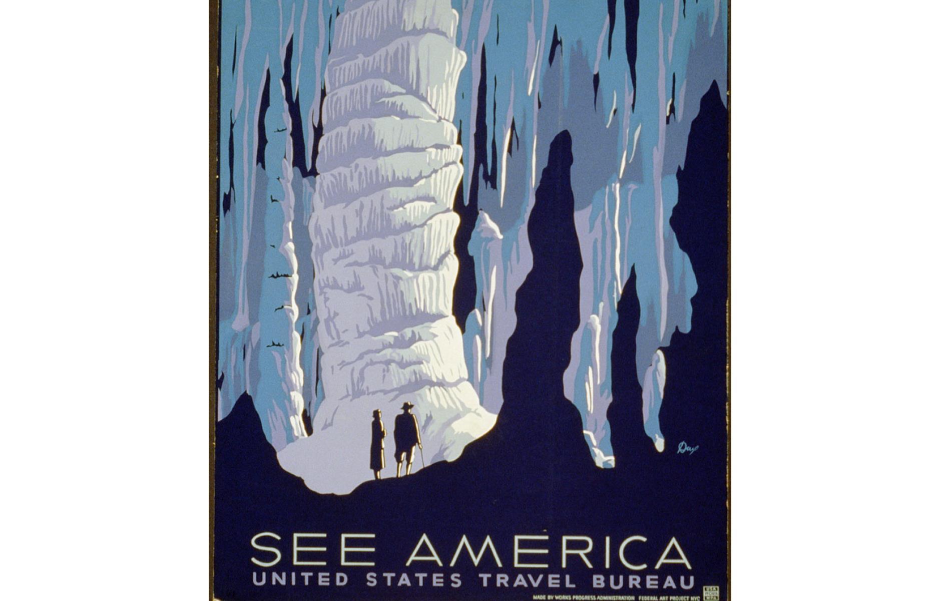 <p>America's natural beauty is captured again in this advert from the United States Travel Bureau. "See America" is the call as awestruck travelers gaze upon the ice-colored stalactites in a sprawling cave system. The poster dates back to the 1930s. </p>  <p><a href="http://bit.ly/3roL4wv"><strong>Love this? Follow our Facebook page for more travel inspiration</strong></a></p>