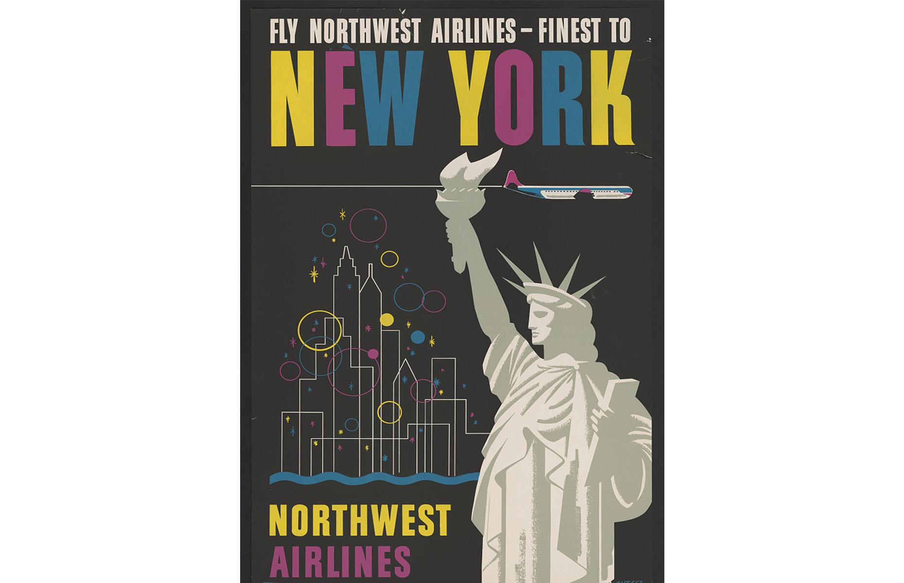 Dating to the 1950s, this airline ad offers a striking depiction of New York City. It's a promotion for Northwest Airlines, an American airline with a near 100-year-old history that was absorbed into Delta in the late Noughties. Here the Big Apple's cityscape is a delicate white silhouette presided over by Lady Liberty.