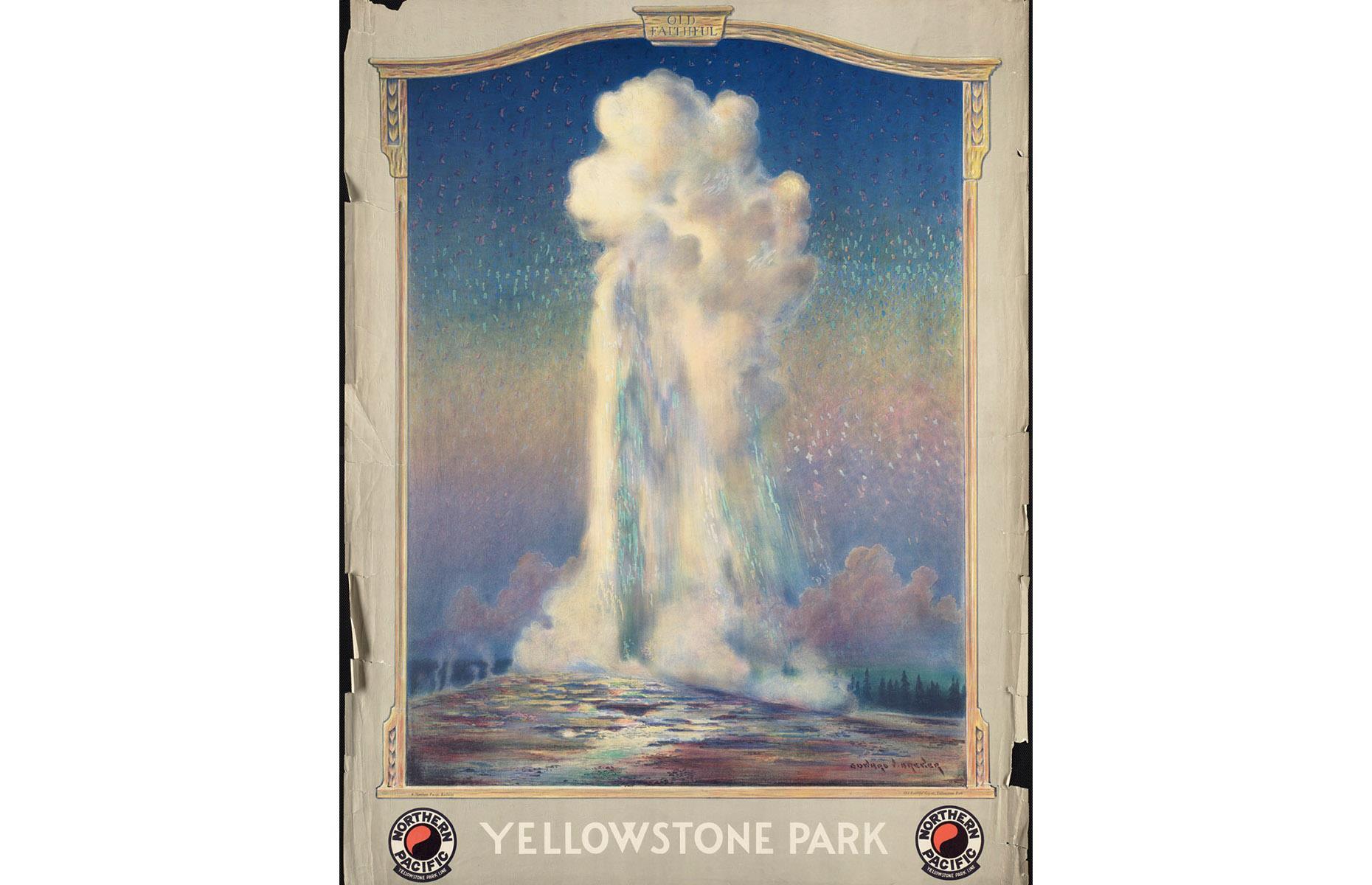 Few images of Yellowstone National Park are more iconic than the waters of Old Faithful geyser soaring into the sky, and this ad looks almost more like a fine art piece than a promotional poster. The beautiful imagery was used by Northern Pacific Railway to push rail routes to the historic national park.