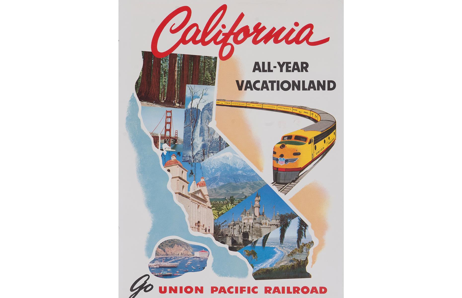 <p>This vintage ad from the Union Pacific Railroad will have you dreaming of a Californian escape. The retro poster sees one of the Union Pacific Railroad's signature yellow trains join some of the Golden State's bucket-list sights. Soaring sequoia trees and Santa Catalina Island sit alongside the Golden Gate Bridge and Disneyland's Sleeping Beauty Castle. </p>