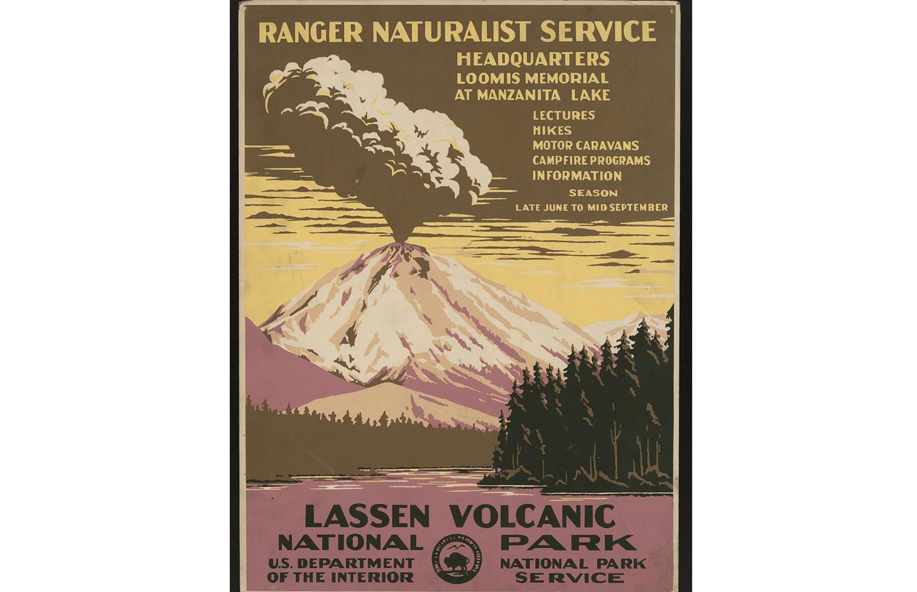 From one volcanic wonderland to another: this US Department of the Interior advert promotes the bubbling expanse of Lassen Volcanic National Park in California. The focal point is Lassen Peak, which can be seen erupting in the background, fronted by fir trees and a still lake. The ad promotes hikes, lectures and campfire programs in the park too.
