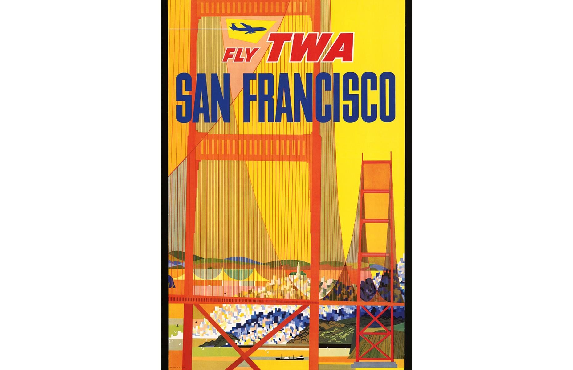 <p>San Francisco's cityscape turns heads in this vivid advert. It's the work of Trans World Airlines (TWA), a major American airline that operated from the 1930s right up until the early Noughties, when it eventually came under the American Airlines brand. This poster dates to the airline's 1950s heyday and the bold design, dominated by the Golden Gate Bridge, was created by American artist David Klein. </p>