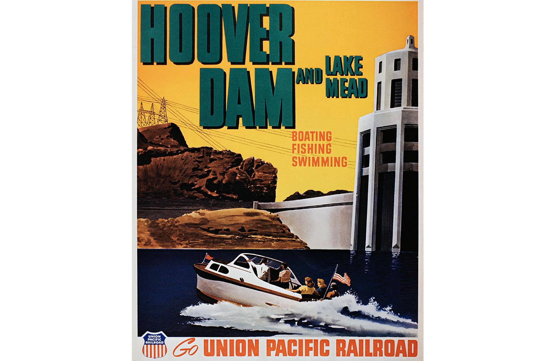 Nevada's imposing Hoover Dam was finished in the 1930s and its sheer scale and engineering ingenuity has wowed travelers ever since. Lake Mead is the dam's sprawling reservoir. Here the pair are advertised as a destination on the Union Pacific Railroad – the possibility of swimming, boating and fishing in stunning Lake Mead is used to entice travelers.