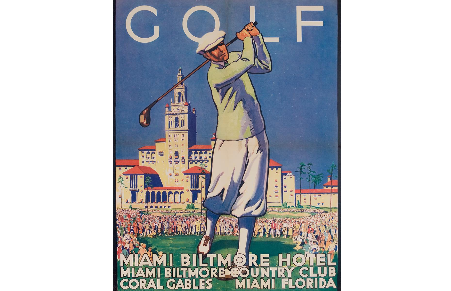 Miami's sumptuous Biltmore Hotel was built in the Roaring Twenties and it's captured in all its luxurious glory in this advert from the 1930s. The poster's centerpiece is a golfer teeing off before a crowd, but the real jewel is the hotel itself. It makes a beautiful backdrop, with its striking tower (inspired by La Giralda in Seville) rising up behind the scene.