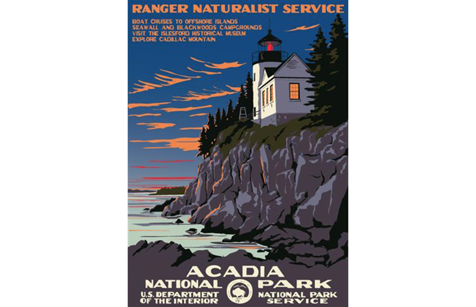 <p>The US Department of the Interior has put out hundreds of promotional posters over the decades, celebrating America's incredible wildernesses and natural wonders. Here the spotlight is on Acadia National Park, with the Bass Harbor Head Lighthouse brooding on rocky shores. </p>  <p><a href="https://www.loveexploring.com/galleries/87044/americas-most-beautiful-lighthouses-you-can-visit?page=1"><strong>See more of America's most beautiful lighthouses here</strong></a></p>