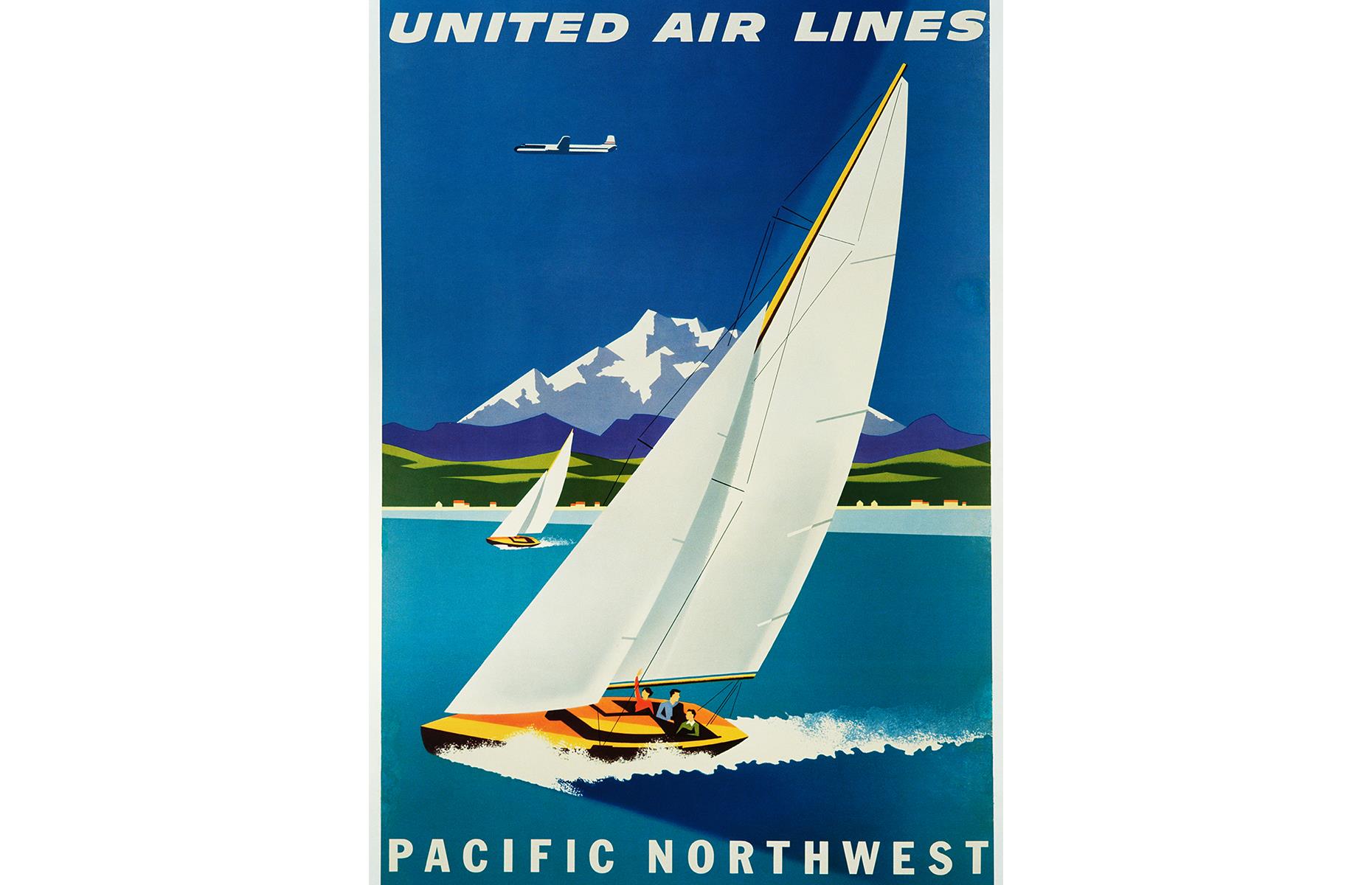 The Pacific Northwest is famed for its vivid blue and green landscapes – think verdant forests and sapphire glacial lakes under a baby-blue sky. This United Airlines poster captures the region's essence perfectly. Vacationers sail a vast lake that's backed with rolling hills and a snow-crowned mountain.