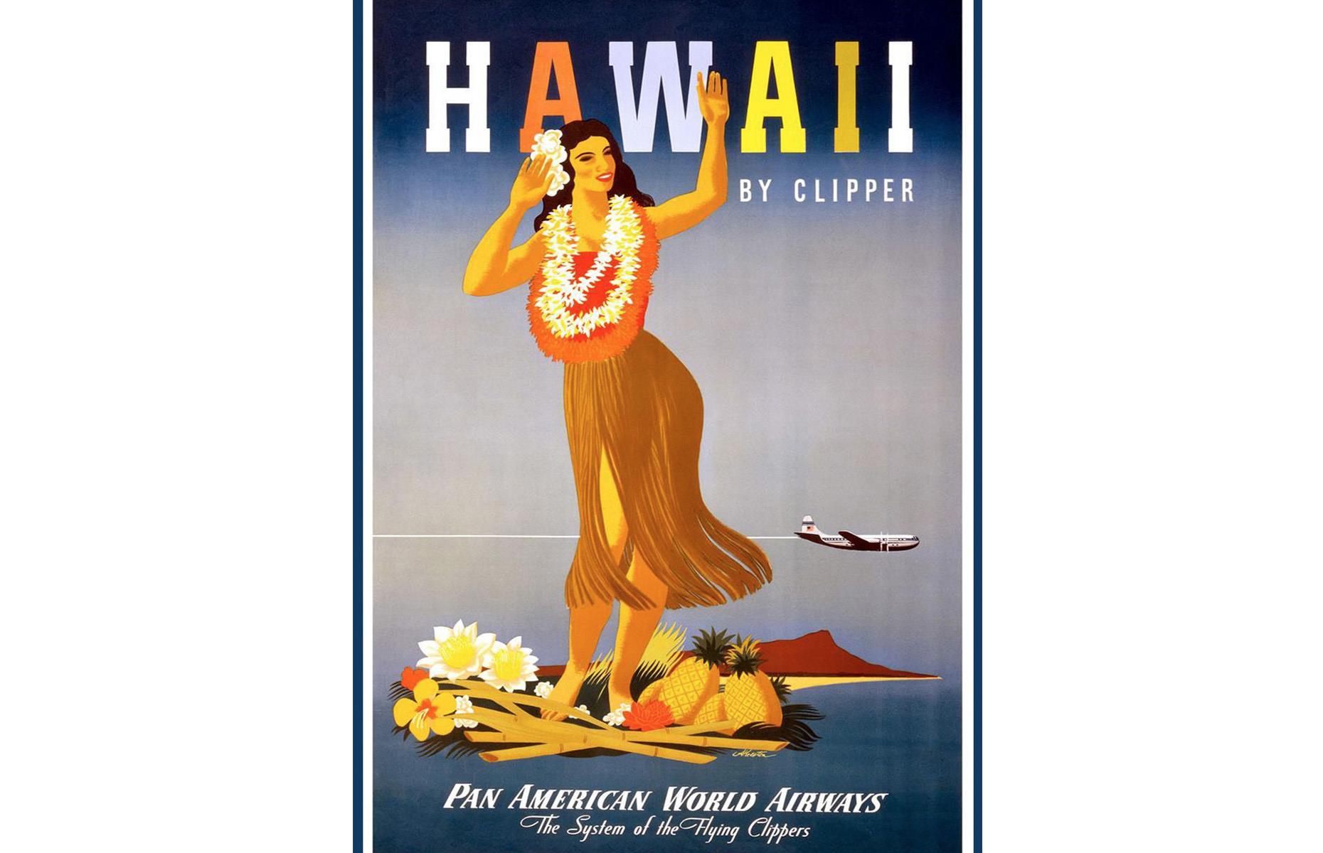 <p>Pan American Airways was once America's star airline, an aviation heavyweight from the Twenties right up until it collapsed in 1991. The carrier whisked passengers to all corners of the globe in its famous "clipper" planes and here it advertises its Hawaii routes. A female hula dancer is depicted in traditional dress, including a grass skirt. </p>  <p><a href="https://www.loveexploring.com/gallerylist/86315/how-air-travel-has-changed-in-every-decade-from-the-1920s"><strong>See how air travel has changed in every decade from the 1920s</strong></a></p>