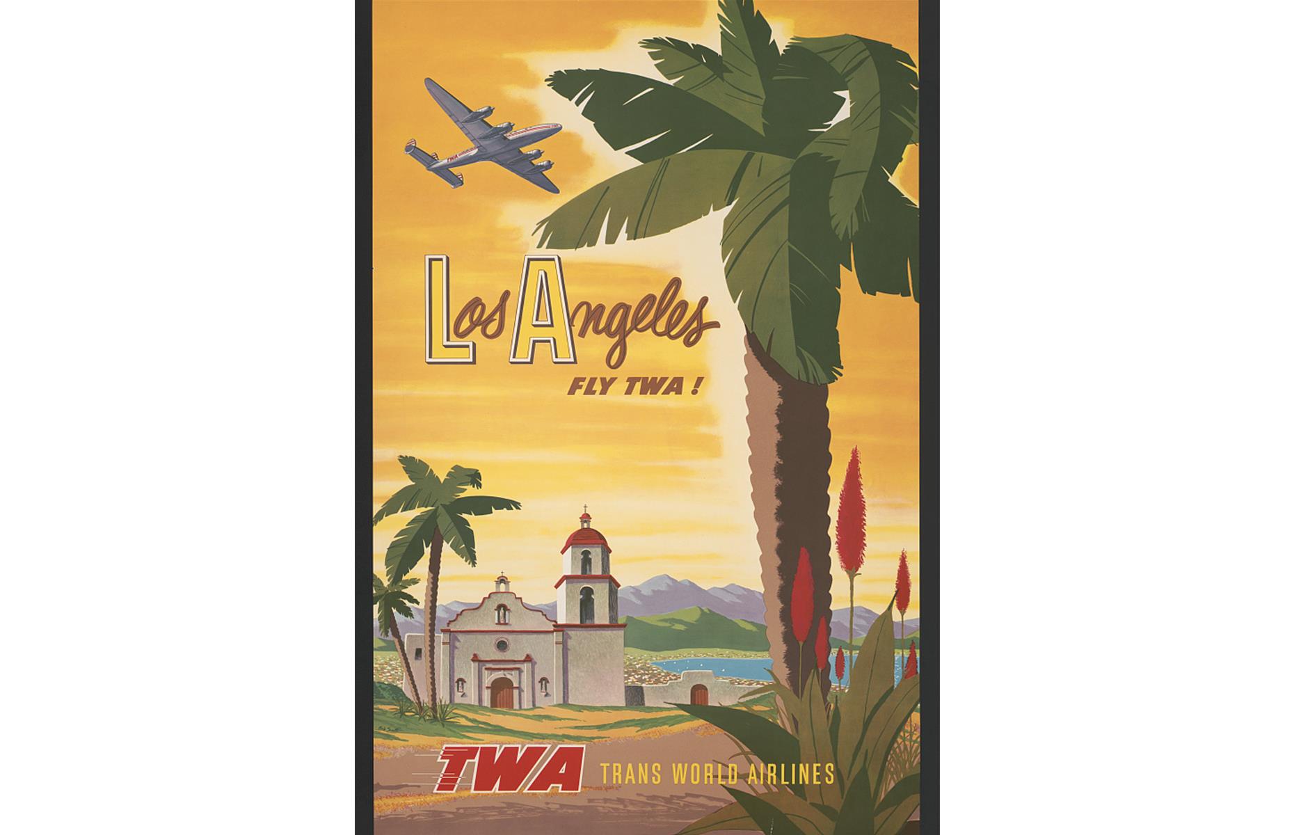 <p>TWA captures another glorious Golden State city here. This time it's promoting Los Angeles routes, with a TWA plane soaring above a classic Californian scene. Notice the golden skies, champagne sands and swaying palms, plus the striking Spanish mission. The poster dates to the 1950s. </p>  <p><a href="https://www.loveexploring.com/galleries/106621/californias-most-beautiful-small-towns-and-cities?page=1"><strong>Take a look at California's most beautiful small towns and cities</strong></a></p>