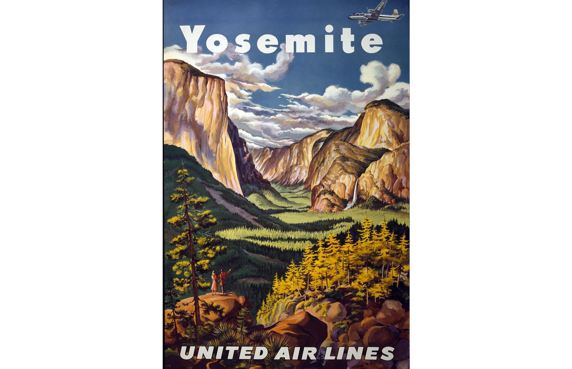 United Airlines remains one of America's top carriers – and this vintage ad from the airline shows off one of the country's finest national parks too. The peaks rise up beneath rolling clouds as hikers gaze over the Yosemite Valley. A United Airlines plane glides above the scene.