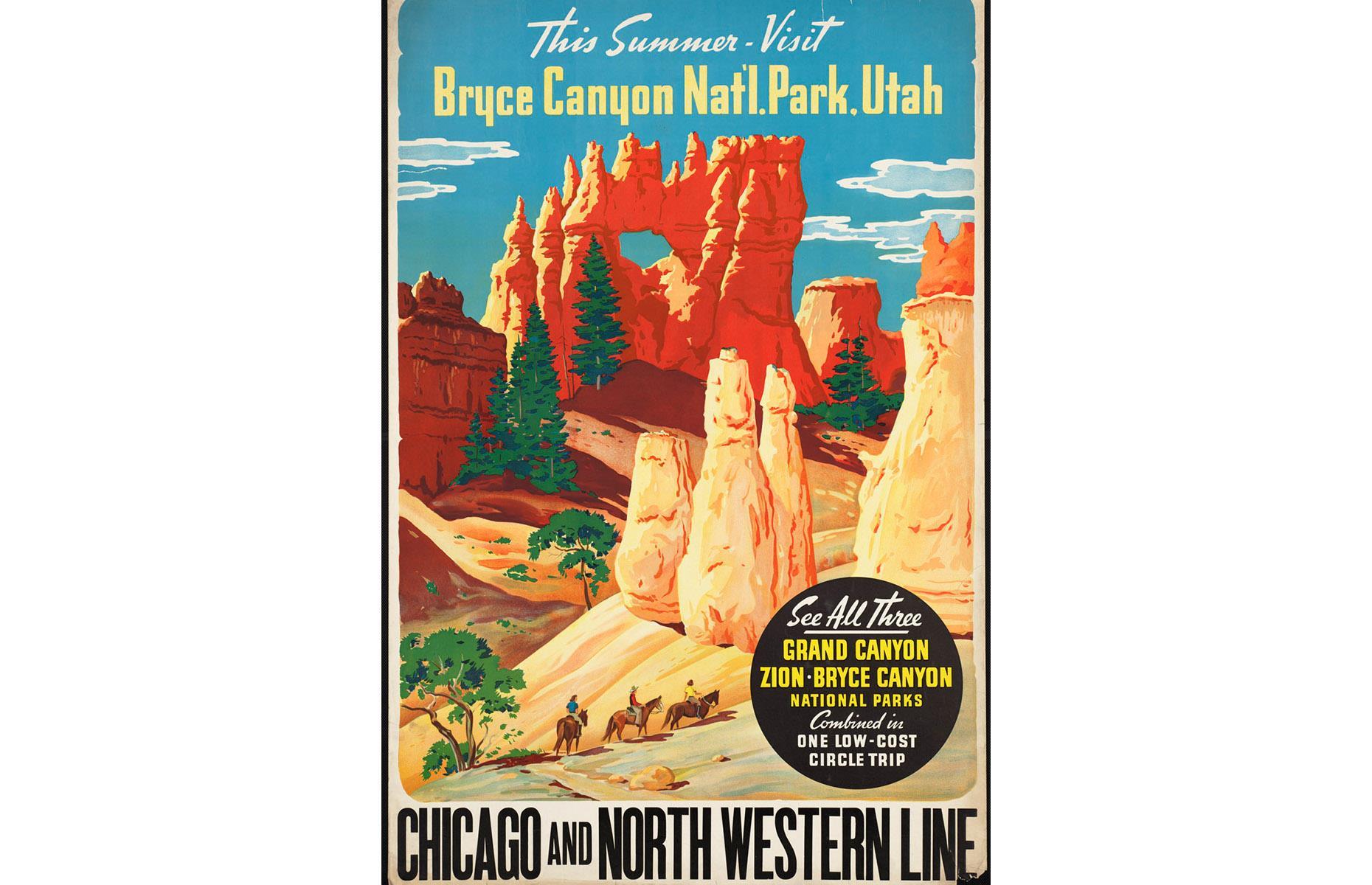 <p>Bryce Canyon National Park is the star of this railroad advert and its fiery pinnacles look mighty fine against a vivid blue sky. The poster promotes a journey with the Chicago and North Western Railway Company that joins up three of America's most spectacular national parks: Bryce Canyon, Zion and the Grand Canyon. </p>  <p><a href="https://www.loveexploring.com/galleries/107668/historic-photos-of-americas-national-parks?page=1"><strong>These historic photos show what America's national parks used to look like</strong></a></p>