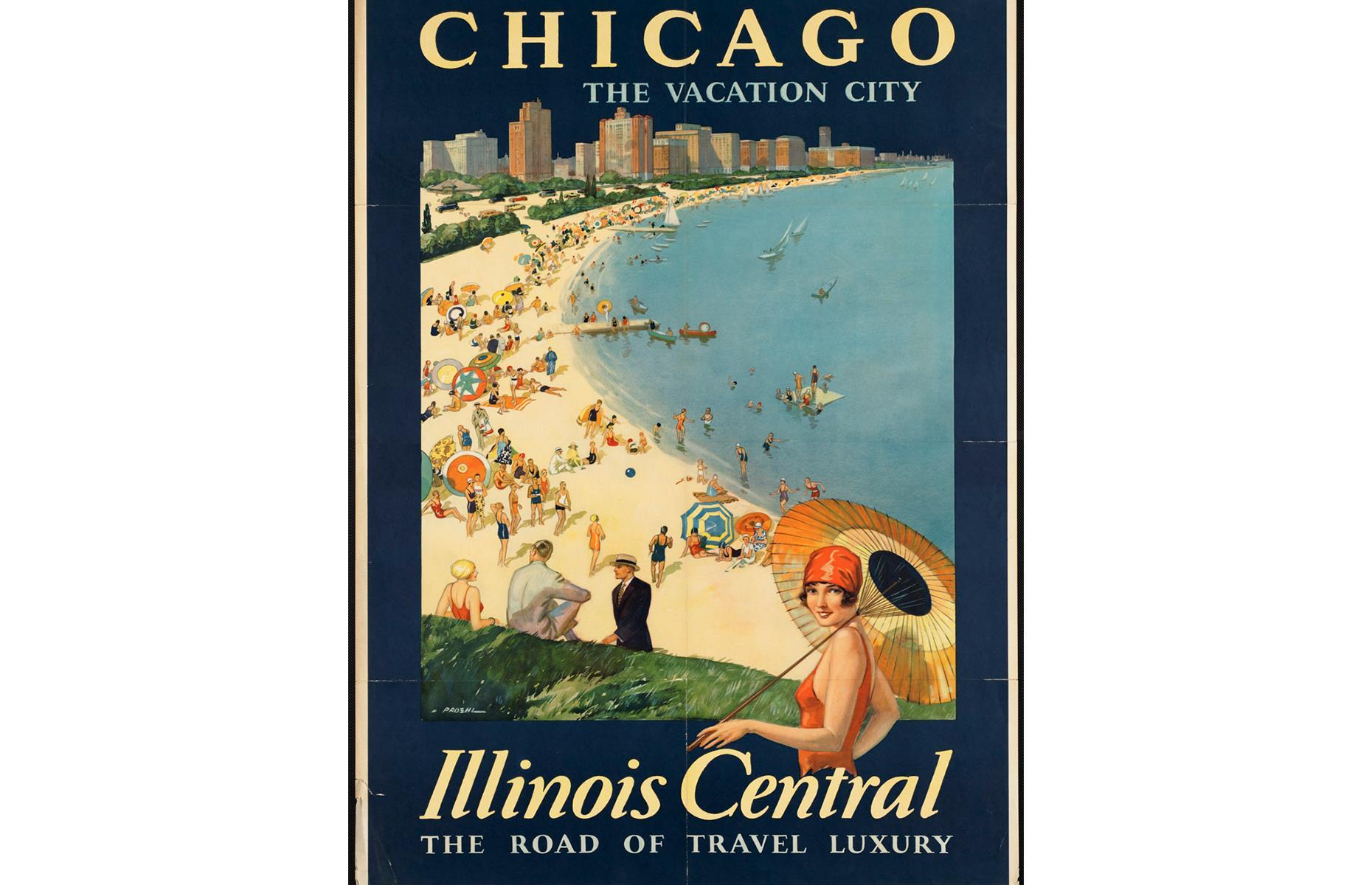 Chicago is dubbed the "Vacation City" in this advert from the Illinois Central Railroad Company. You can almost feel the buzz of Lake Michigan's sandy shores, which are studded with vacationers and hugged by soaring skyscrapers.