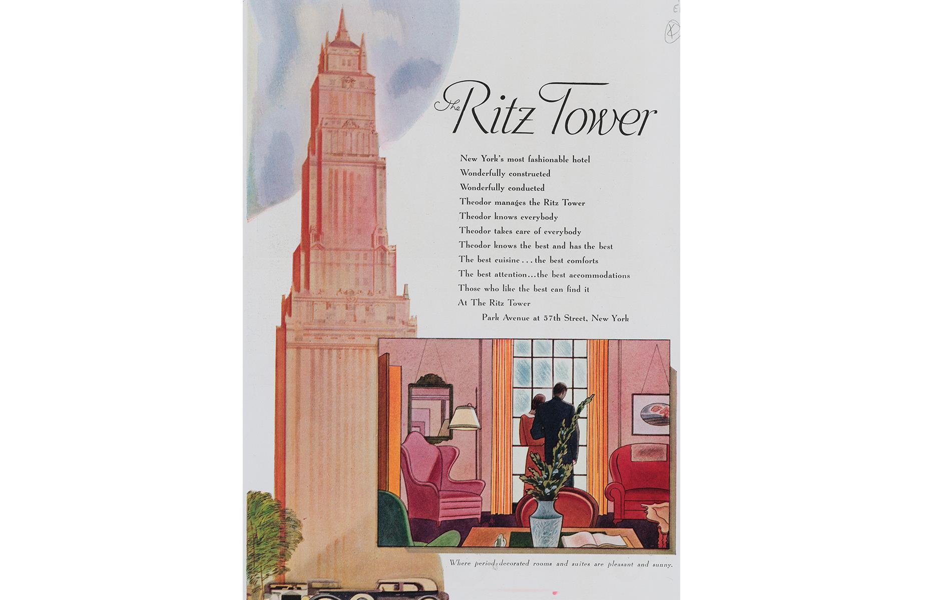 The Big Apple is packed tight with glamorous hotels, from Beaux-Arts masterpieces to Art Deco marvels. This elegant 1930s ad celebrates the Ritz Tower, built on New York's Park Avenue in the 1920s. The poster praises the impeccable architecture, incredible home comforts and quality service.