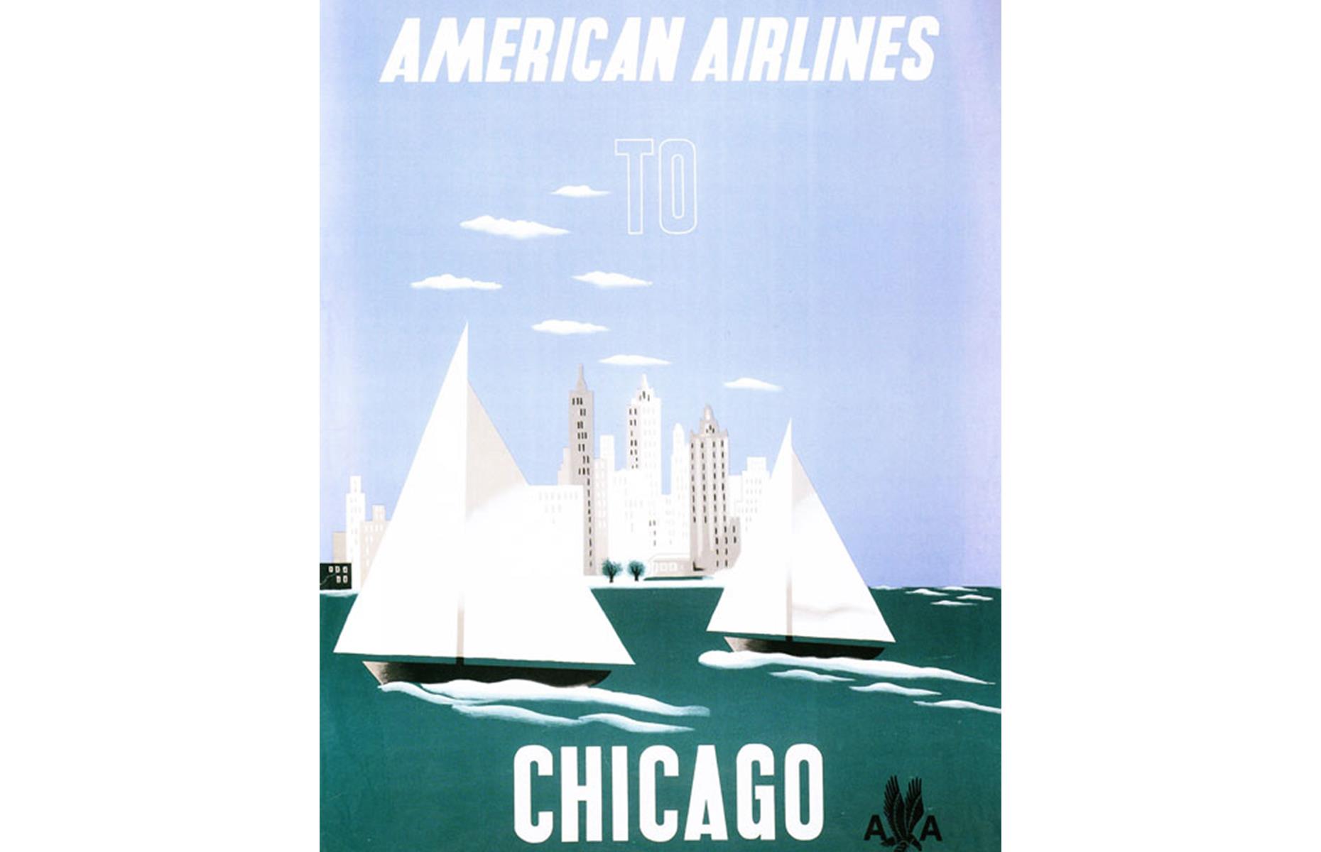 Lake Michigan is the focus of this sleek advert by American Airlines, which dates to the 1950s. The poster lets the pictures do the talking, with bold white sailboats bobbing before Chicago's legendary skyscrapers.