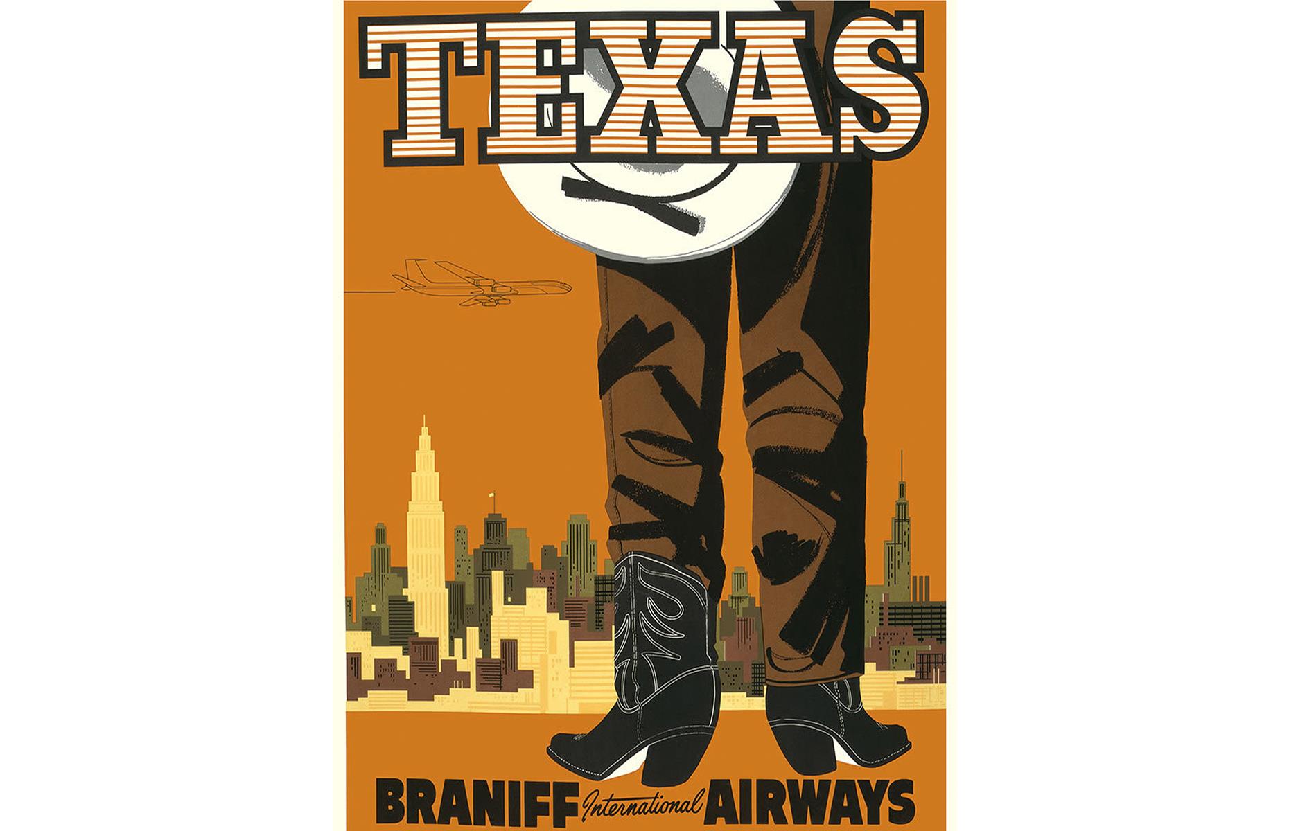 Operating from the late 1920s until the 1980s, Braniff International Airways served the USA, plus parts of South and Central America. Texas was one of the airline's major hubs and here the Lone Star State is represented with cowboy boots, a Stetson hat and a captivating cityscape rising in the background.