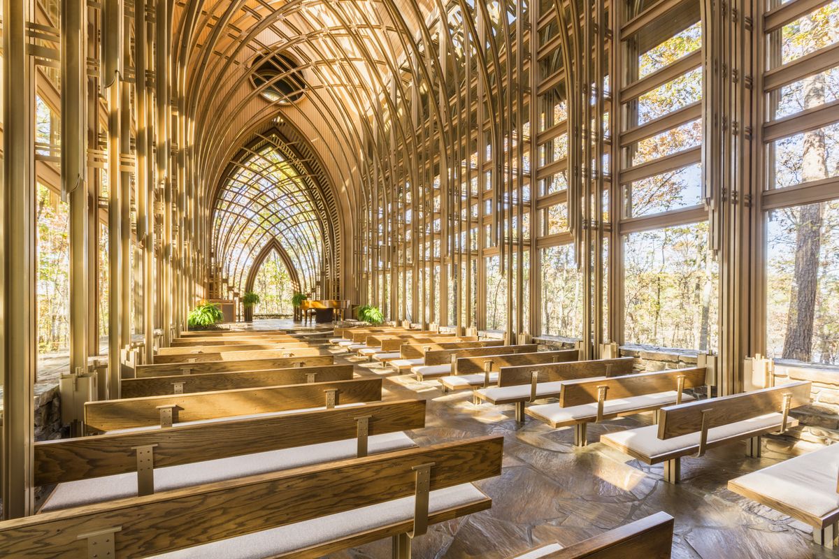 <p>Designed by Fayetteville, Arkansas, architects E. Fay Jones and Maurice Jennings, the <a href="http://www.cooperchapel.com/index.html">Mildred B. Cooper Memorial Chapel</a> sits on a quiet hilltop overlooking Bella Vista's Lake Norwood. The chapel's 15 main arches stand 50 feet tall, and its walls are made of 4,460 square feet of glass. If you're already imagining your wedding or vow renewal taking place here, you're in luck: The chapel can be reserved for special ceremonies.</p>