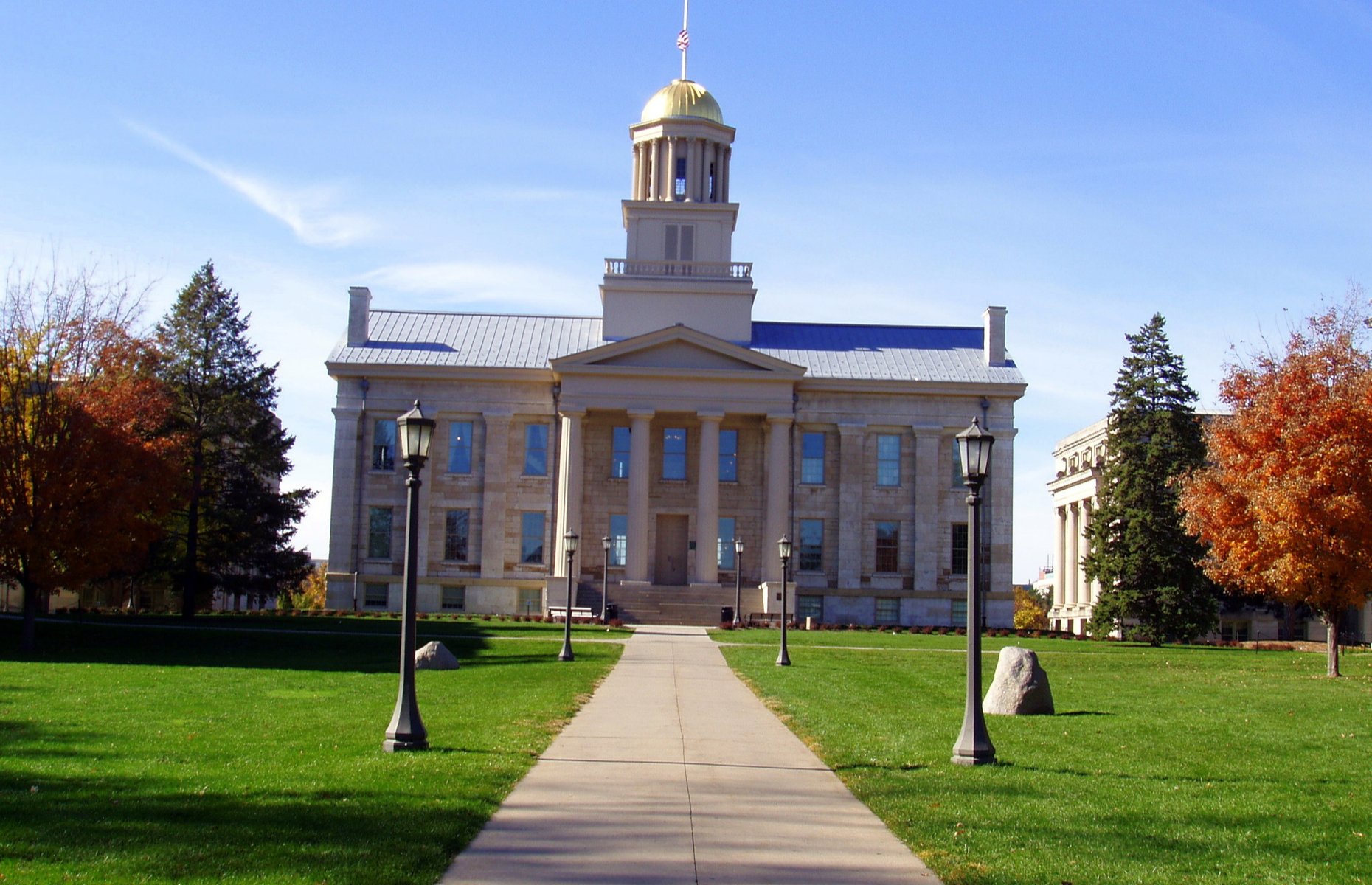 <p>The <a href="https://uiowa.edu/" rel="noreferrer noopener">University of Iowa</a> is home to the imposing Old Capitol building, formerly the seat of the state government and now a National Historic Landmark and museum dedicated to the humanities.</p>