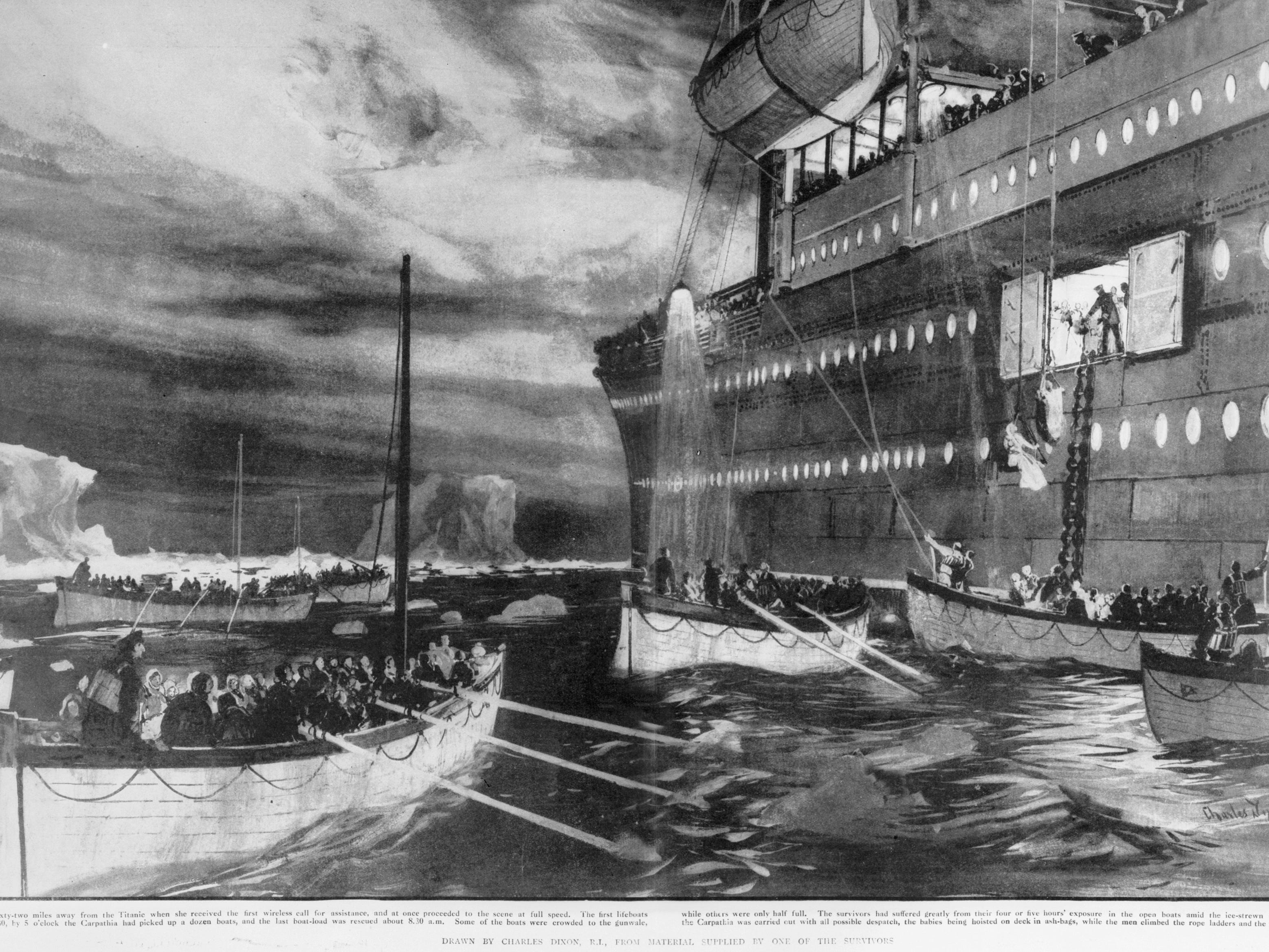 <p>Lifeboat No. 2 was the first to reach and <a href="https://www.britannica.com/topic/Titanic">board the Carpathia</a>. It would take several hours for the ship to pick up all of the survivors. </p>