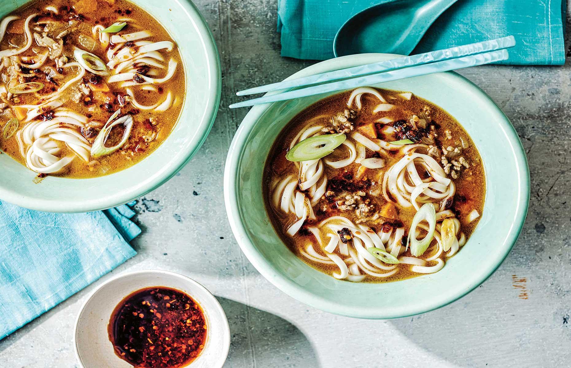 <p>Sichuan chili bean paste, crushed yellow bean sauce (or miso paste) and crunchy peanut butter are the star ingredients to making the broth in this noodle soup taste like it's been simmering for hours. In reality, it's ready in around five minutes and the whole dish is on the table in 15 minutes.</p>  <p><strong><a href="https://www.lovefood.com/recipes/108848/dan-dan-noodle-soup-recipe">Get the recipe for dan dan noodle soup here</a></strong></p>