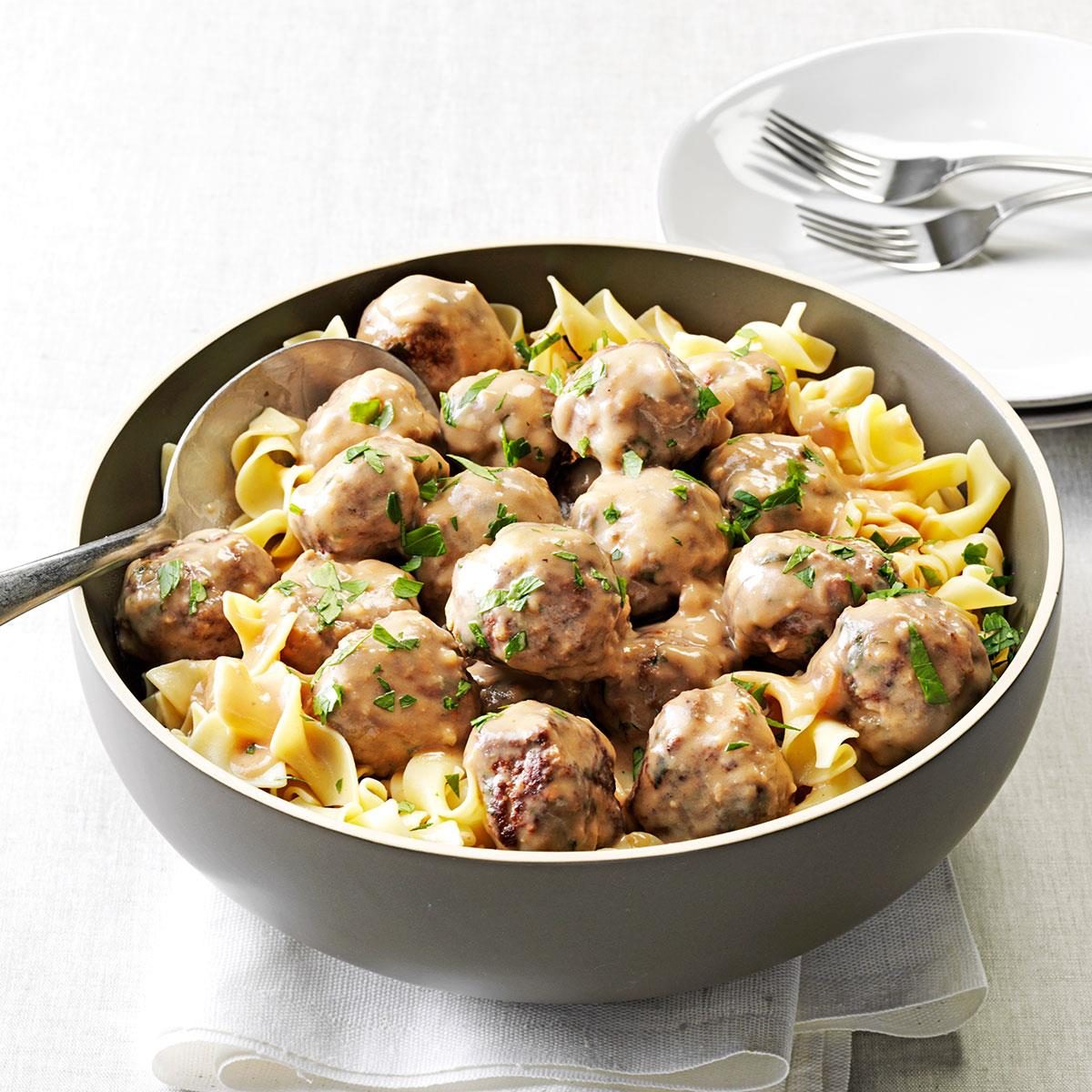 <p>Mom fixed this Swedish meatball recipe for all sorts of family dinners, potluck suppers and PTA meetings. The scent of browning meat is intoxicating. Add to that the sweet smell of onions caramelizing, and everyone’s mouth starts watering. —Marybeth Mank, Mesquite, Texas</p> <div class="listicle-page__buttons"> <div class="listicle-page__cta-button"><a href='https://www.tasteofhome.com/recipes/mom-s-swedish-meatballs/'>Get Recipe</a></div> </div>