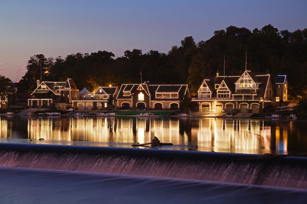 <p>Boathouse Row along Philadelphia's Schuylkill River provides one of the city's most remarkable nighttime views. The 12 buildings making up the row house some of the city's local boating clubs, a recreation center, and a private social club.</p>