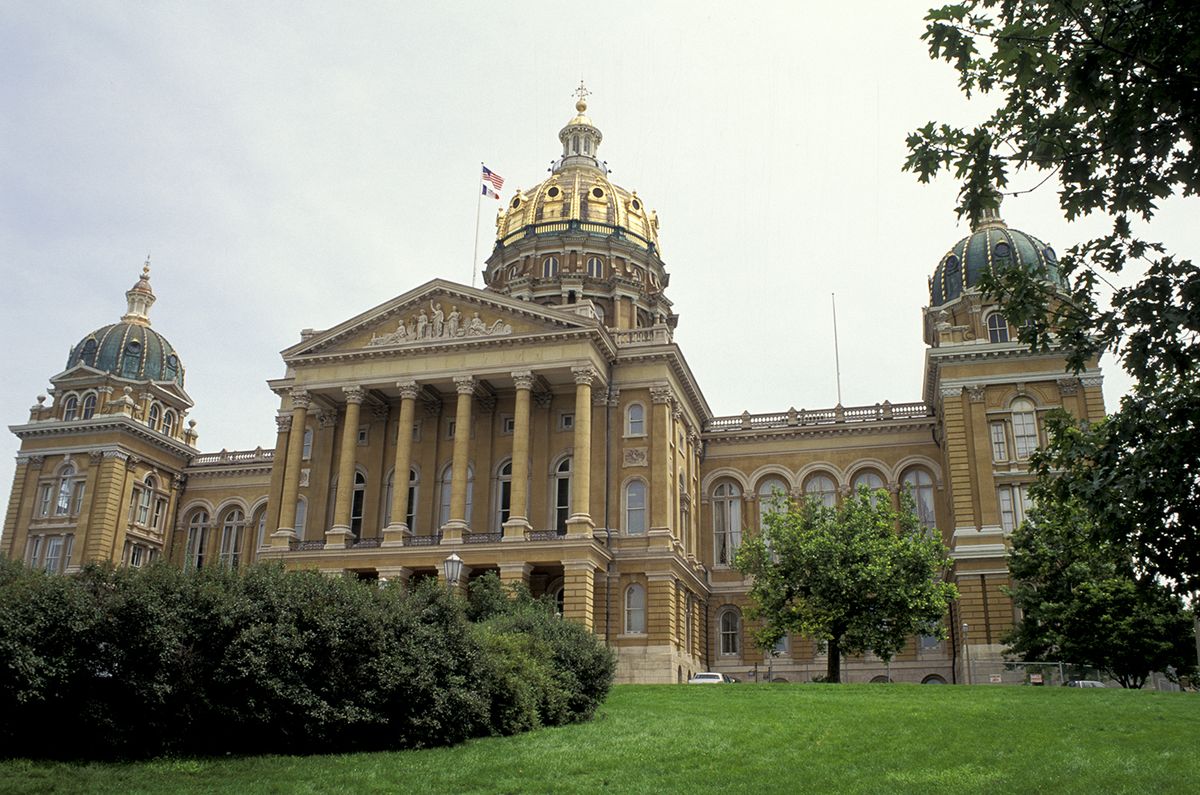 <p>Located in Des Moines, the most significant feature of the <a href="https://www.legis.iowa.gov/resources/tourCapitol">Iowa State Capitol building</a>, built in 1884, is its dome, which was constructed of steel and stone before being covered with 23-carat gold leafing.</p>