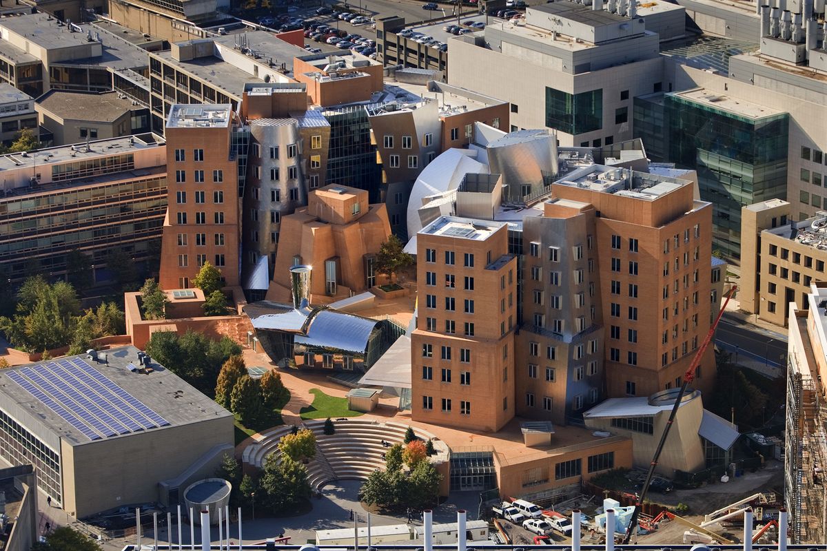 <p>Opened in 2004 and designed by architect Frank Gehry, the <a href="http://web.mit.edu/facilities/construction/completed/stata.html">Ray and Maria Stata Center</a> at the Massachusetts Institute of Technology (MIT) features sustainable design elements and <a href="https://www.nytimes.com/2004/05/13/arts/putting-a-smile-on-sober-science.html">controversial</a>, mind-bending architectural elements like tilting columns and swerving walls.</p>