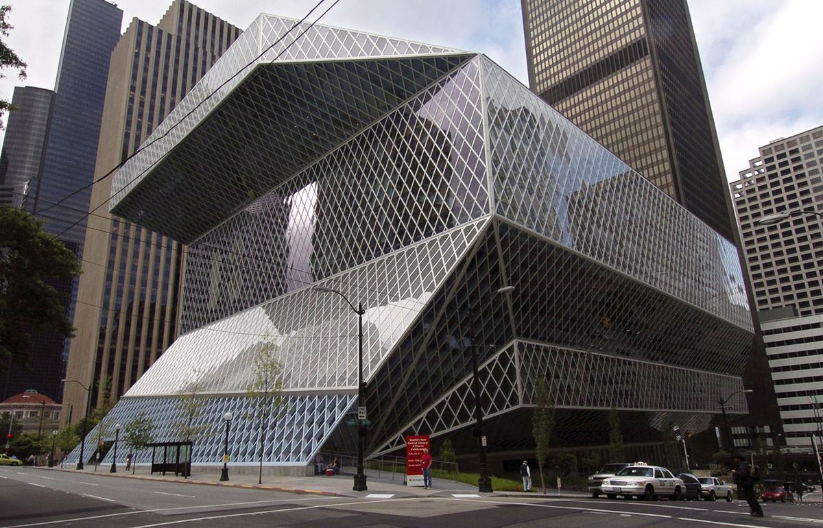 <p>The <a href="http://www.spl.org/locations/central-library/cen-building-facts">Seattle Public Library</a> is an exquisite structure completed in 2004. The building is constructed with more than 4,000 tons of steel and more than <a href="http://www.spl.org/locations/central-library/cen-building-facts">165,000 square feet of glass</a>—in fact, all of the glass in the library would cover the length of over five football fields if laid out.</p>