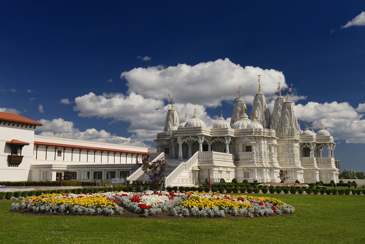 <p>The <a href="http://www.baps.org/Global-Network/North-America/Atlanta.aspx">BAPS Shri Swaminarayan Mandir</a> in Atlanta, Georgia (a place of Hindu worship) is made up of three types of stone: Turkish limestone, Italian marble, and Indian pink sandstone. But what makes the building so exquisite is that the more than 34,000 individual pieces were all carved by hand in India.</p>