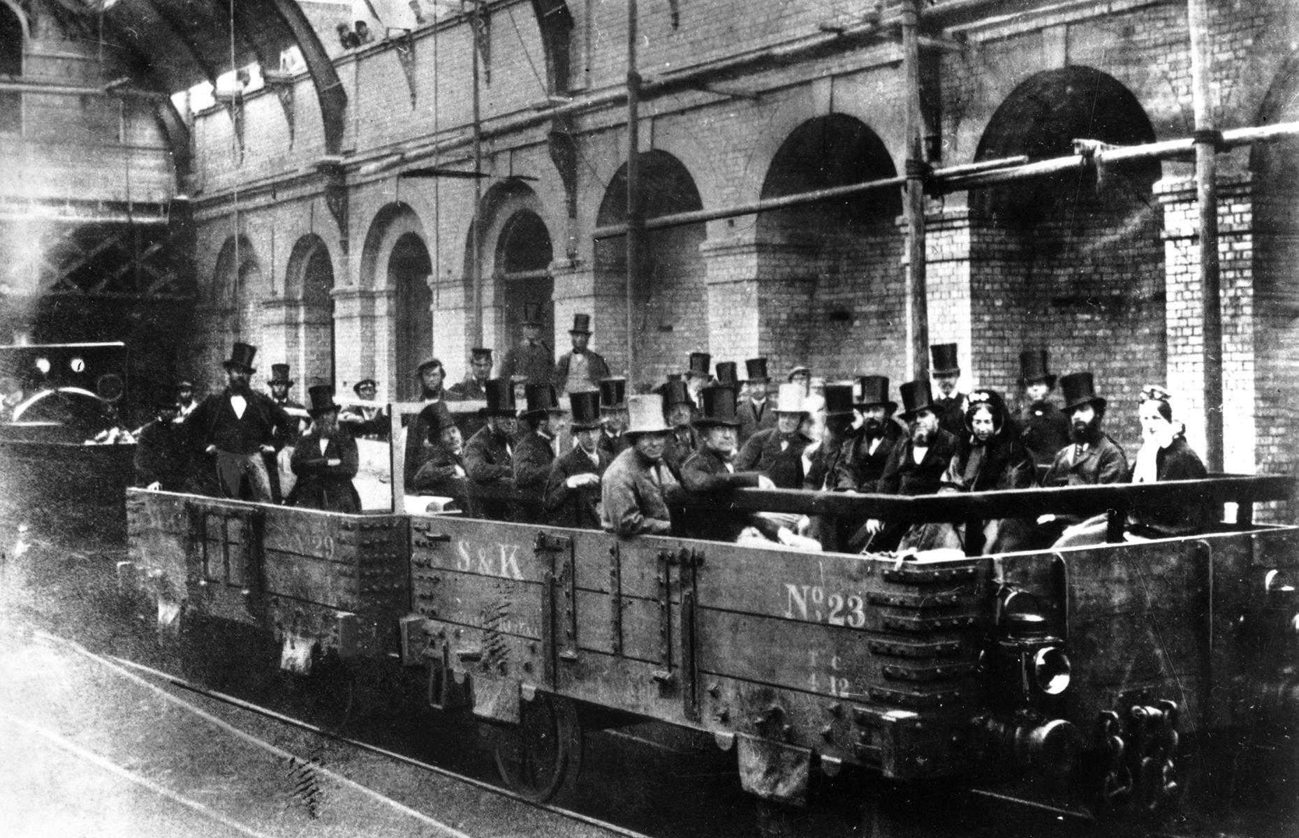 The Big Smoke changed the nature of urban travel forever when the London Underground debuted in the 1860s. The initial route traveled between Paddington and Farringdon Street and was the world's very first subterranean passenger system. Pictured here in 1862, dignitaries, including the Chancellor of the Exchequer, are given a sneak peek of the railway before it opens to the public in 1863.
