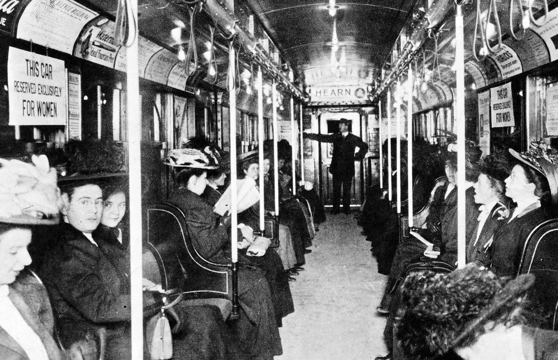 <p>Women-only carriages were debuted on the Uptown Hudson Tubes in 1909. The last car on each train was reserved for female passengers and became nicknamed the "suffragette car". One such car is snapped here – notice the multiple "women-only" signs and the impressive Edwardian-era headgear.</p>  <p><strong><a href="https://www.loveexploring.com/galleries/95741/incredible-images-of-the-worlds-tourist-attractions-under-construction">Discover incredible images of the world's tourist attractions under construction</a></strong></p>